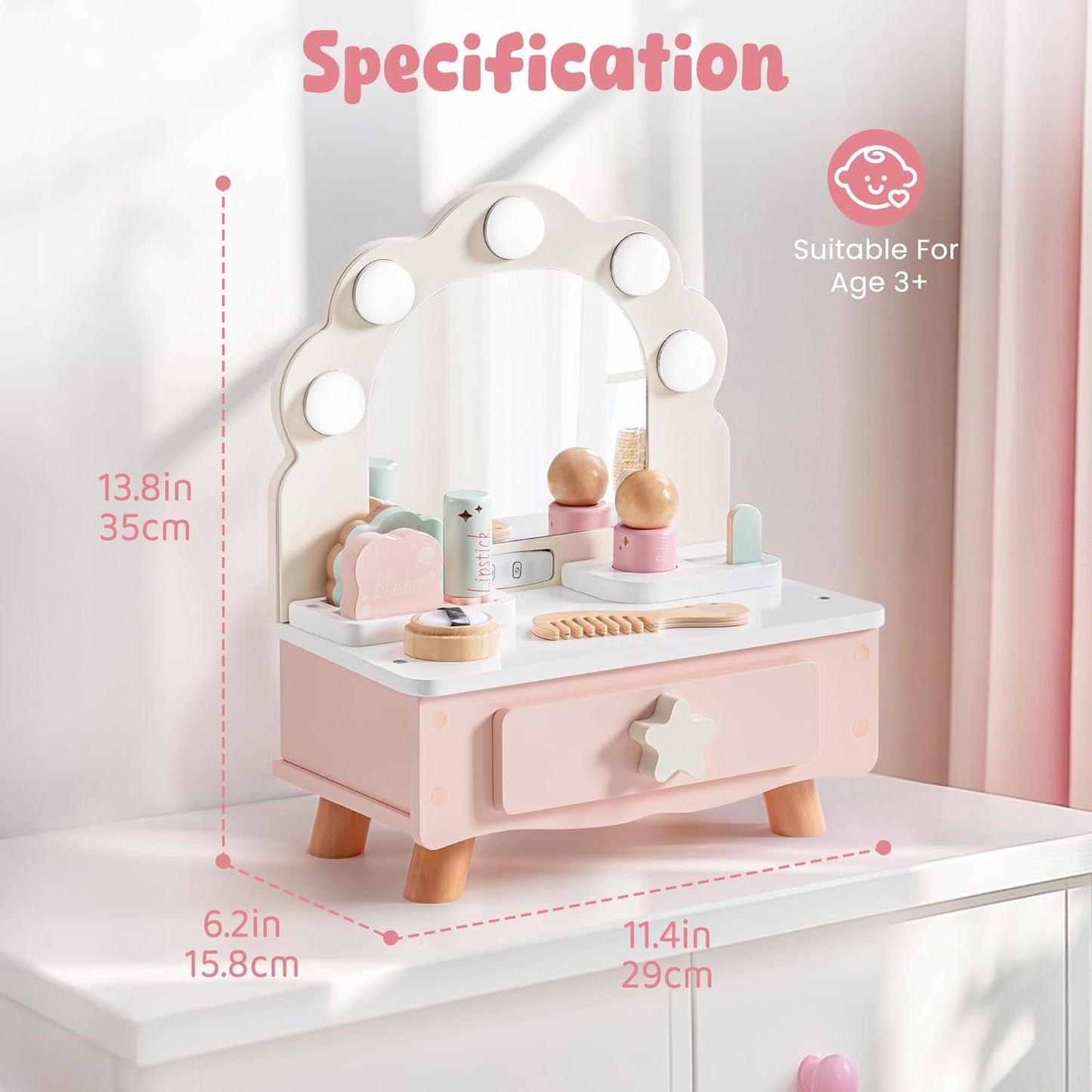 Toddler Vanity Makeup Table Toy with Mirror & Light, Wooden Kids Makeup Vanity Set, Dressing Table with Accessories and Lights, Pretend Makeup Set for Little Girls