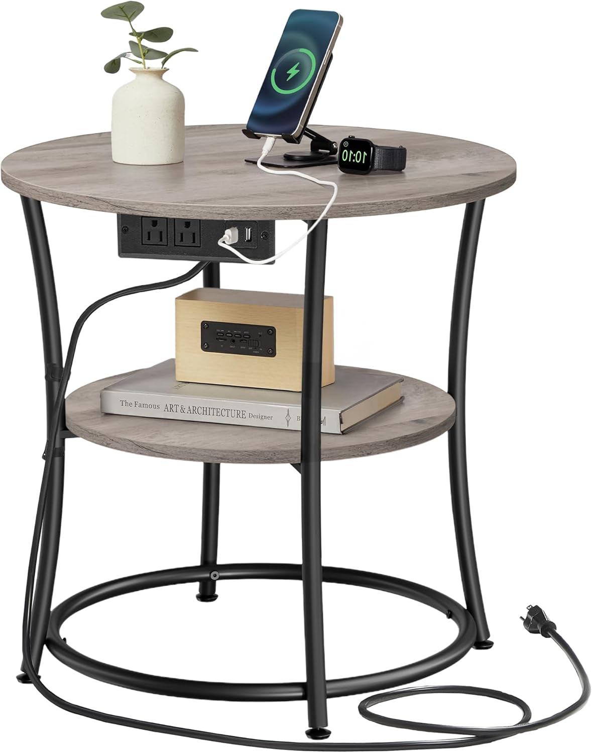 Side Table, 2-Tier round End Table with Power Outlets, Nightstand with Steel Frame for Small Spaces, Living Room, Bedroom, Heather Greige and Ink Black ULET077L01