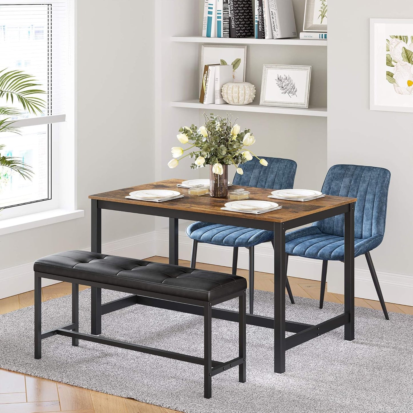 Dining Table Bench, Ottoman Bench with PU Leather Padded Seat, Steel Frame, 42.5 X 12.8 X 18.9 Inches, for Dining Room, Living Room, Hallway, Bedroom, Black UKTB034B81