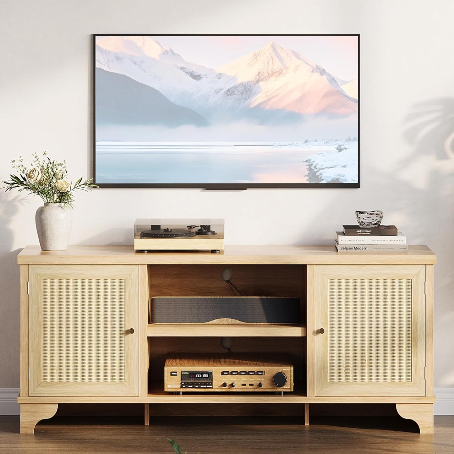Rattan TV Stand for Living Room, Boho Entertainment Center for 55, 65, 70 Inch TV, Wooden Console Cabinet with Storage and Shelf, Natural Oak