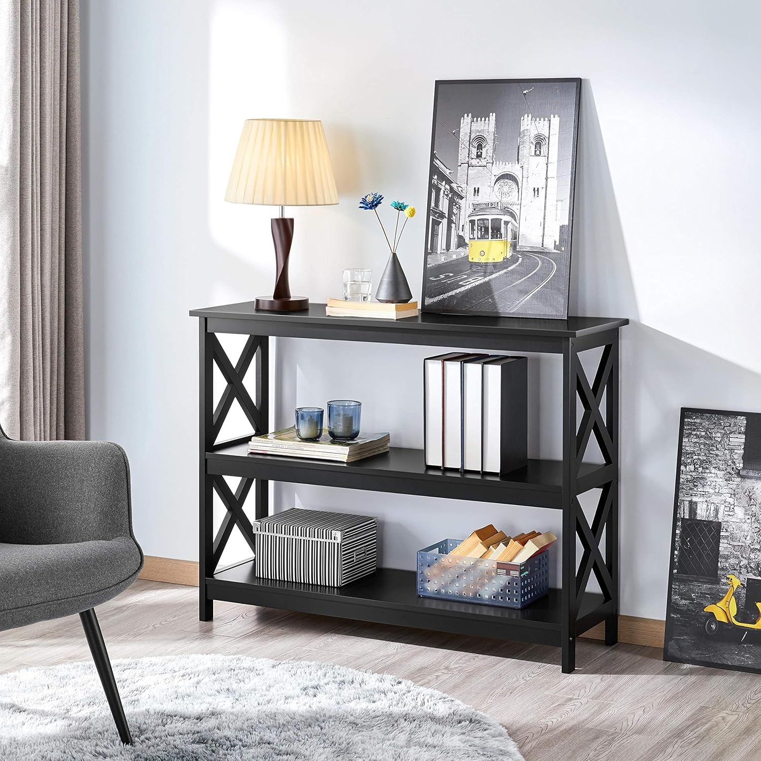 Television Stands & Entertainment Centers with 3 Tier Storage Shelf TV Stand for Living Room, Black