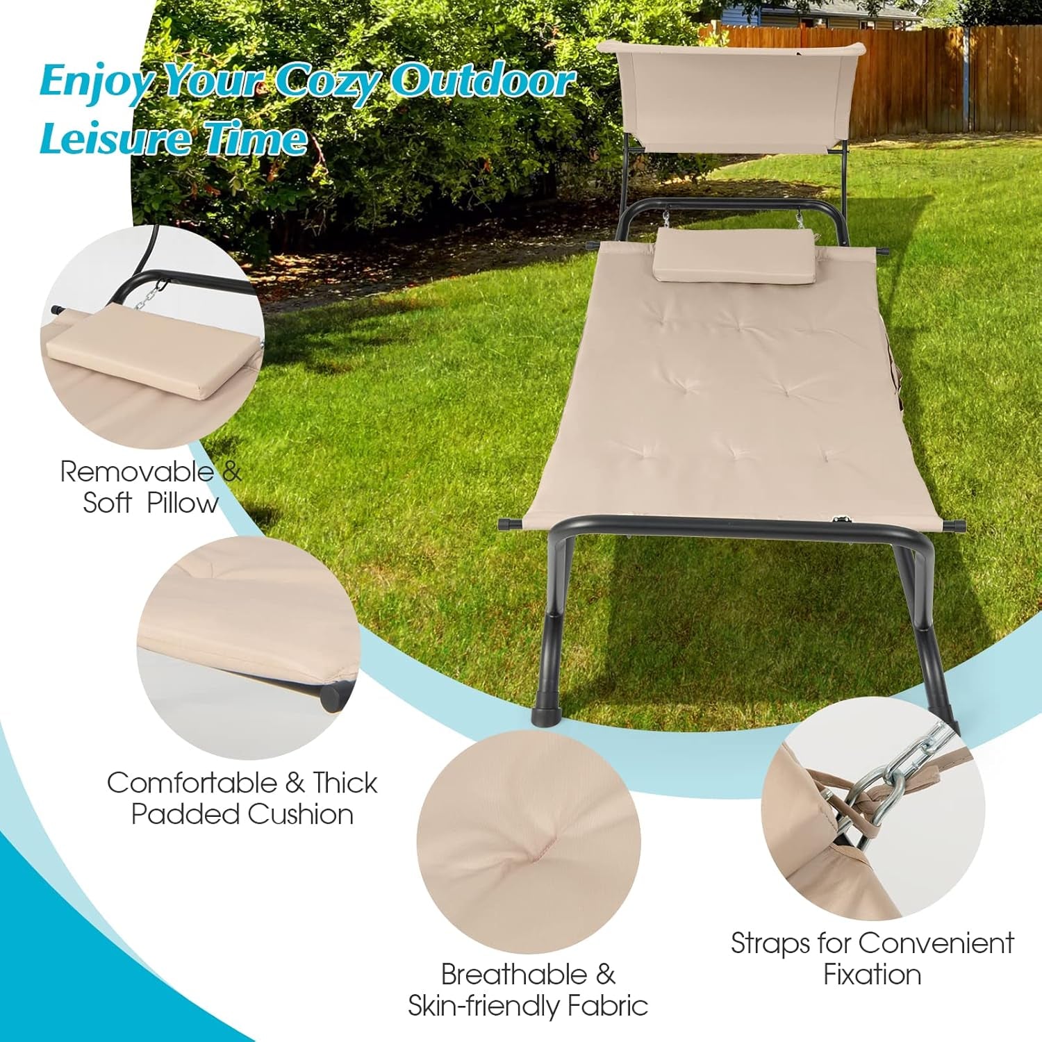 Hanging Hammock with Stand, Patio Hanging Chaise Lounge Chair W/Canopy, Cushion, Pillow & Storage Bag, Heavy Duty Swing Hammock Bed for Garden Lawn Backyard Patio Poolside Porch (Beige)