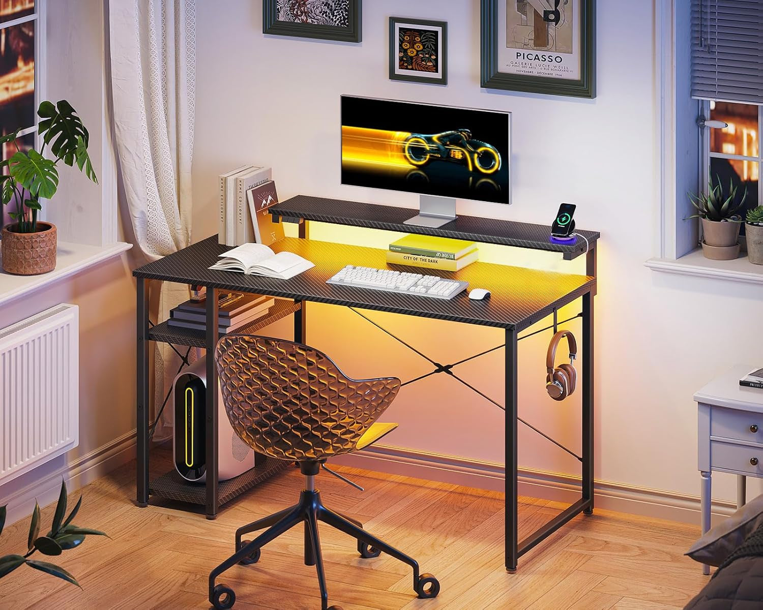 40 Inch Small Gaming Desk with Storage & Led Lights, Computer Desk with Shelf, Reversible Gamer Desk with Monitor Stand, Carbon Fiber Texture Black