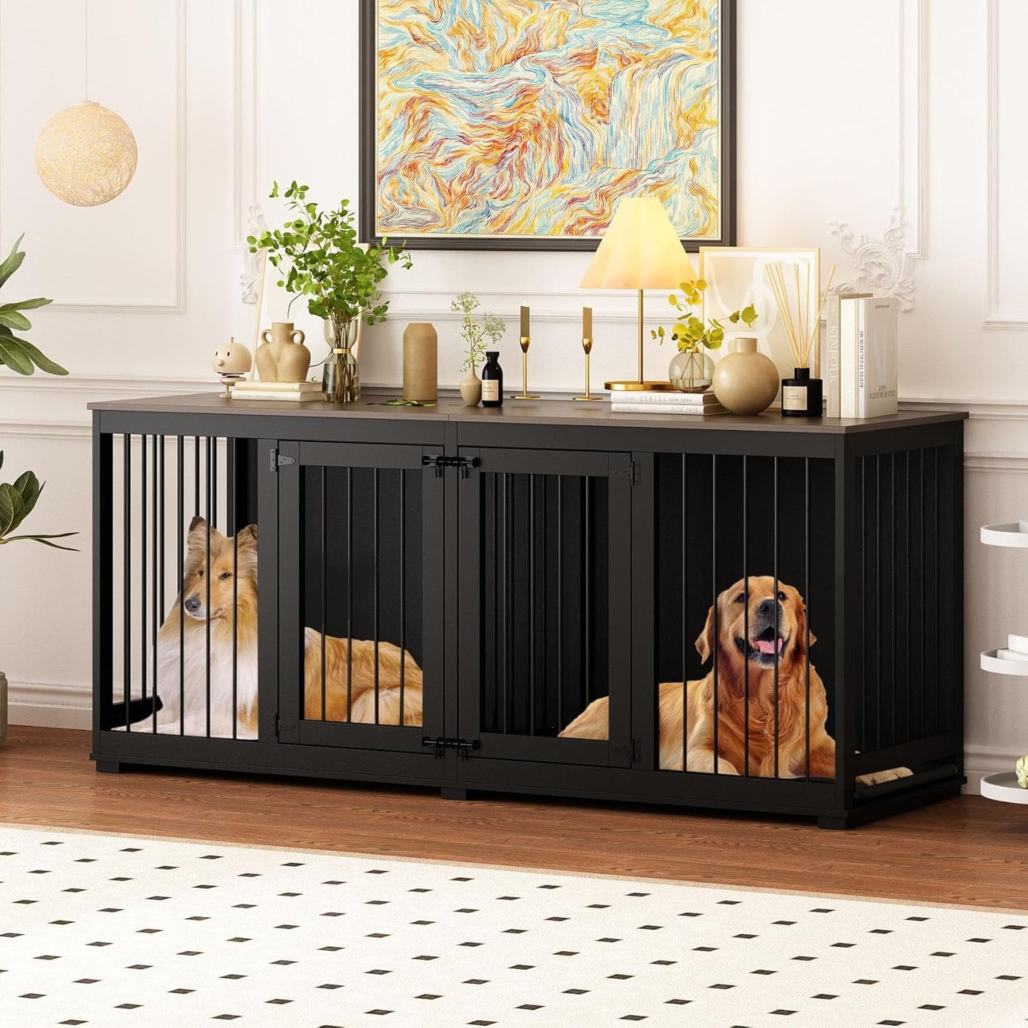 Large Funiture Style Dog Crate for 2 Dogs, 70" Wooden Dog Kennel Furniture with Removable Divider & 2 Trays, Indoor Heavy Duty Dog House W/Double Rooms for Large Medium Dogs, Brown