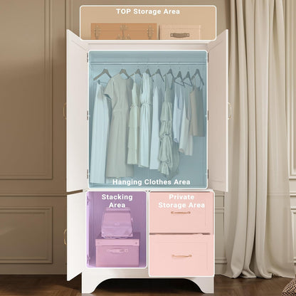 Armoire Wardrobe Closet with Mirror and 3 Doors and 2 Drawers, Bedroom Wooden Armoire Storage Cabinet Combination with Hanging Rod for Bedroom, White