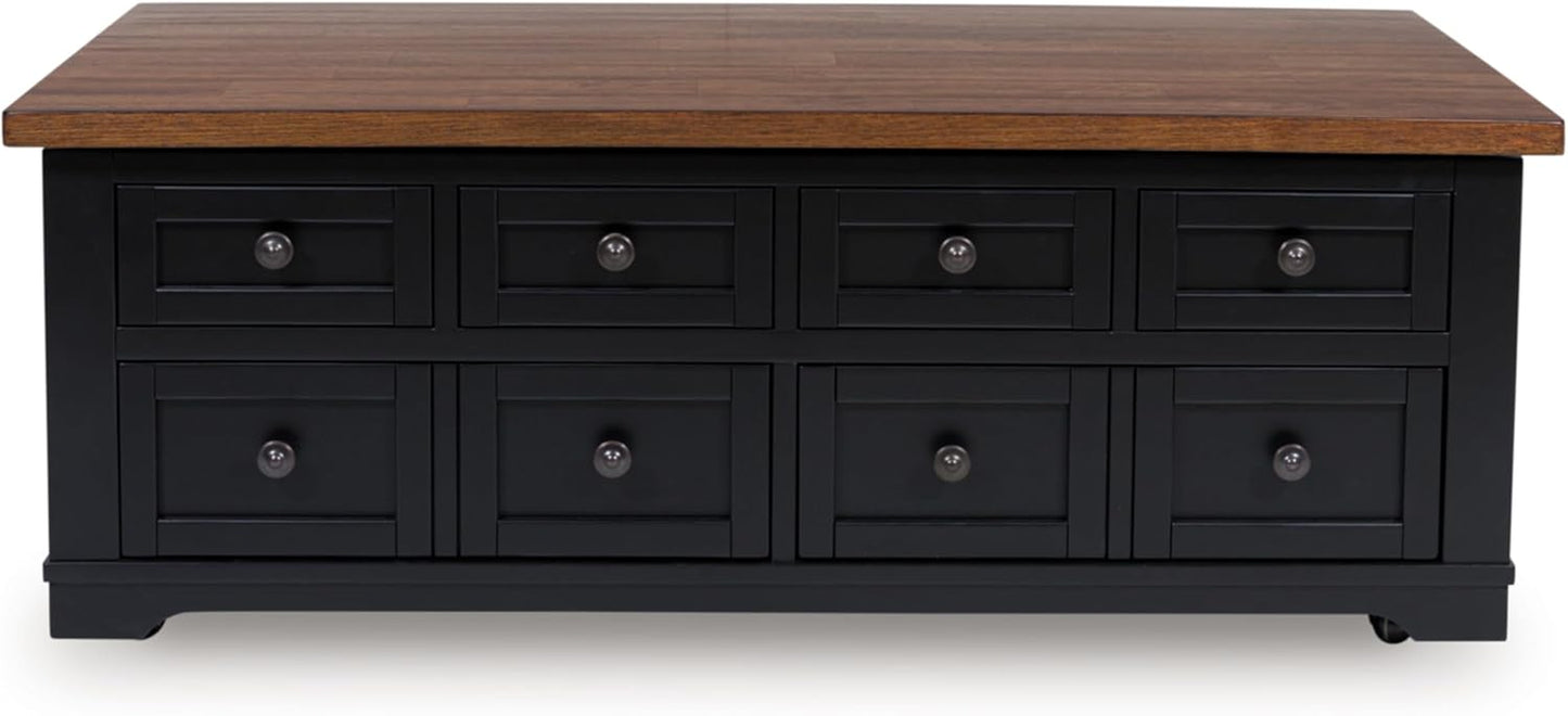 Wildenauer Lift Top Cocktail Table, Satin Finish Base, 2 Drawers, 2 Storage Bins, Hardwood Solids, 52" W X 28" D X 19" H, Light Brown & Black