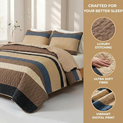 King Size Quilt Set - Reversible Camel Quilt King Size with 2 Pillow Shams, Lightweight Boho Striped Oversized Bedspreads Coverlet Bedding Set for All Seasons