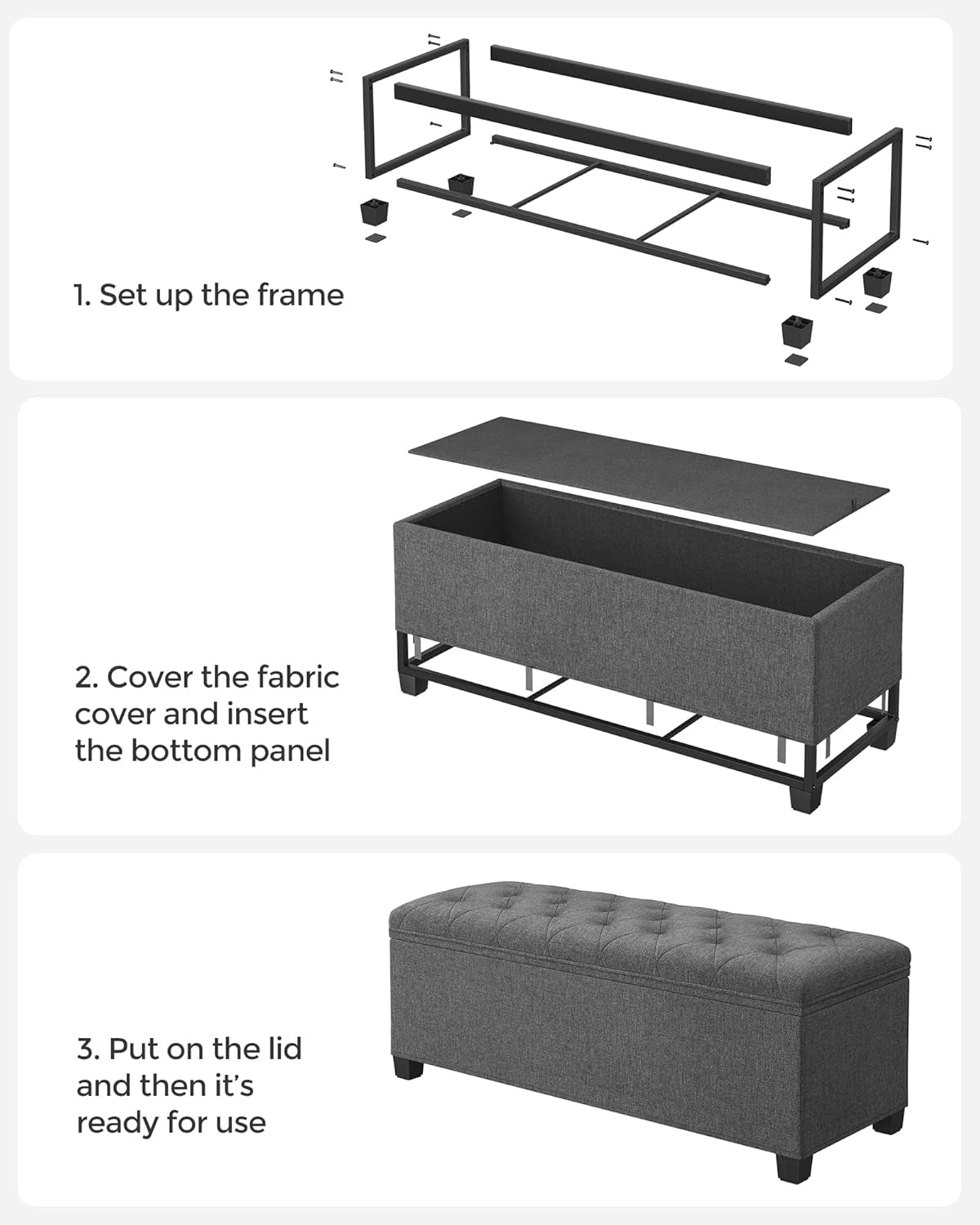 Storage Ottoman Bench, Foot Rest with Legs, 15.7 X 43.3 X 15.7 Inches, End of Bed Bench, Storage Chest, Load up to 660 Lb, for Living Room, Bedroom, Entryway, Dark Gray ULSF088G01