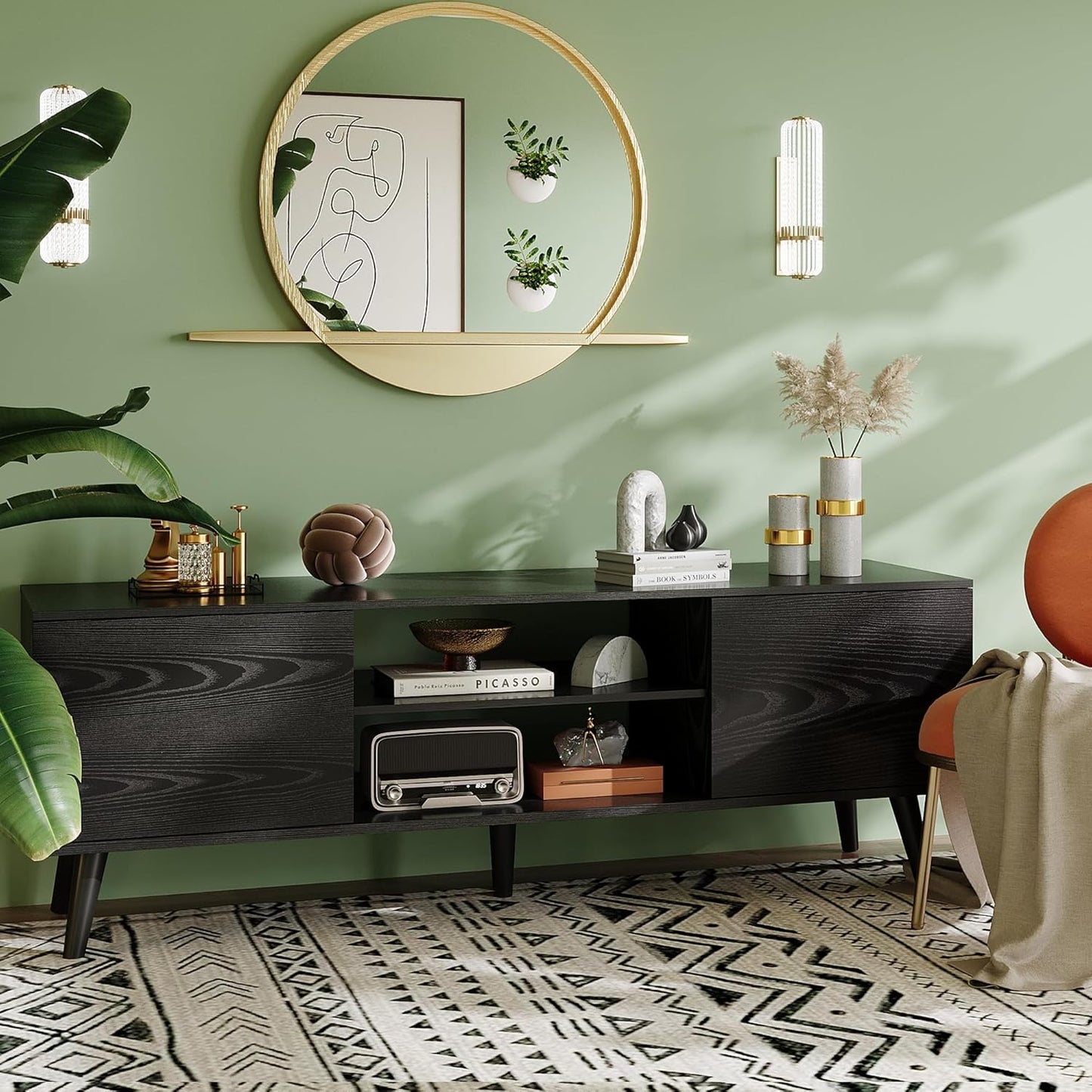 Mid-Century Modern TV Stand for 55 60 65 Inch TV, Entertainment Center with Storage & Adjustable Shelves, Media TV Console with Soft-Close Cabinets for Living Room Bedroom, Black