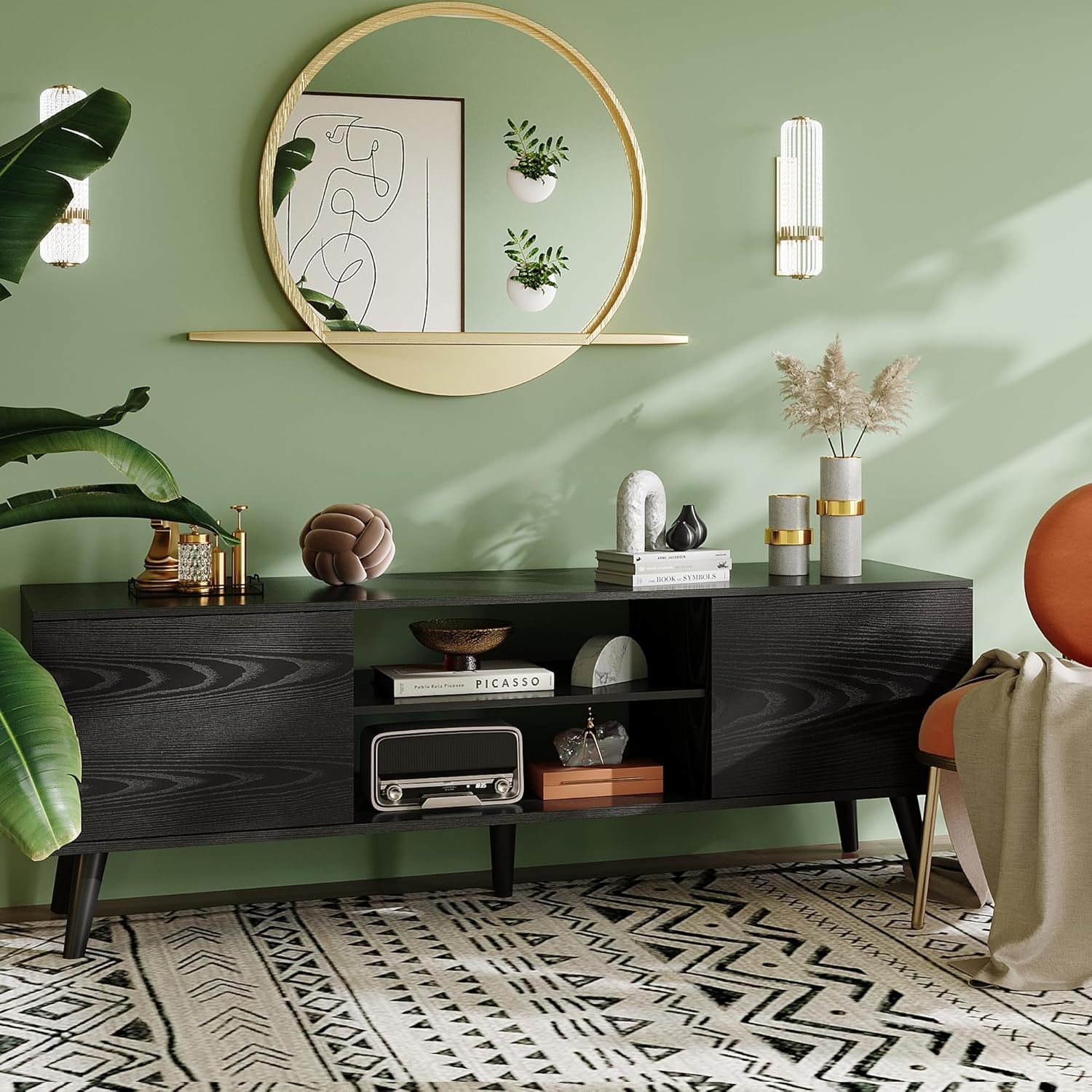 Mid-Century Modern TV Stand for 55 60 65 Inch TV, Entertainment Center with Storage & Adjustable Shelves, Media TV Console with Soft-Close Cabinets for Living Room Bedroom, Black