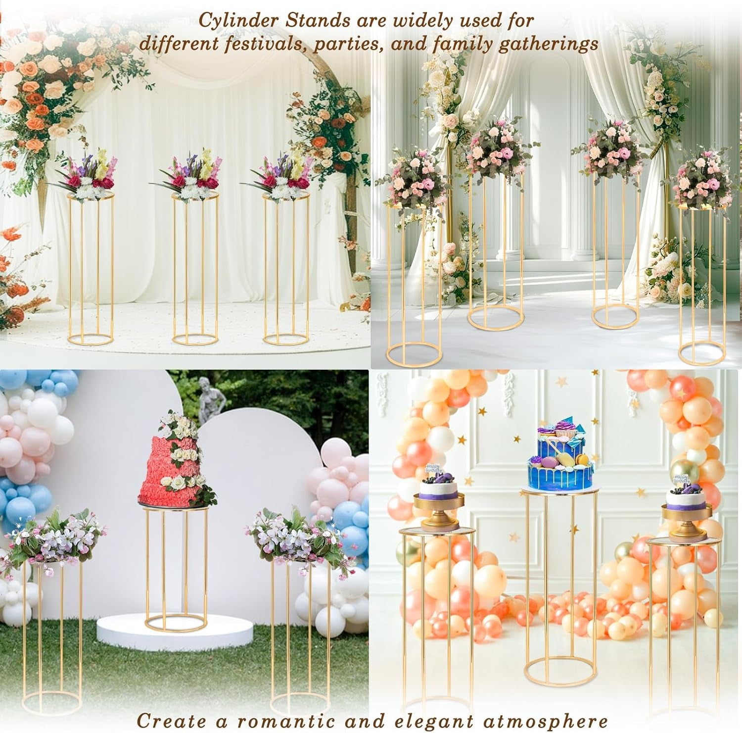 3PCS Cylinder Stands for Party, Gold Metal round Pedestal Stand, Flower Stand, Plant Stand, Cake Stand, Display Stand Tables for Weddings Party Birthday Festival Backdrop Decoration