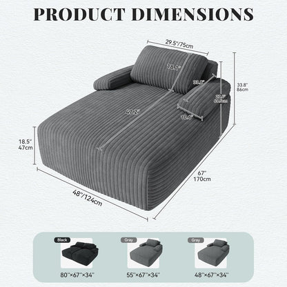 67"L X 48"W Chaise Lounge Chair Indoor, Oversized Corduroy Upholstered Boneless Sofa Bed, Deep-Seat Sleeper Couch, Reading Chair, Cloud Sofa Couch for Living Room, No Assembly Required, Grey