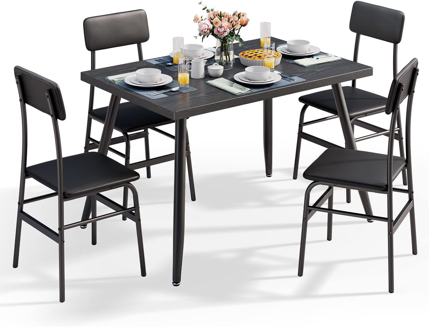 5 Piece Dining Table Set for 4, Modern Metal & Wood Kitchen Dinner Table with 4 Chairs, Space-Saving Dining Room Furniture Table & Chair Sets for Small Spaces & Apartment, Black