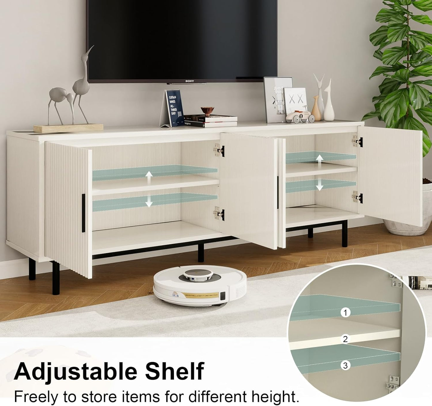 70" Modern TV Stand for Televisions up to 80 Inch, Entertainment Center with Storage, Cabinet with Fluted Door and Adjustable Shelf, Console Table and Media Furniture for Living Room, White