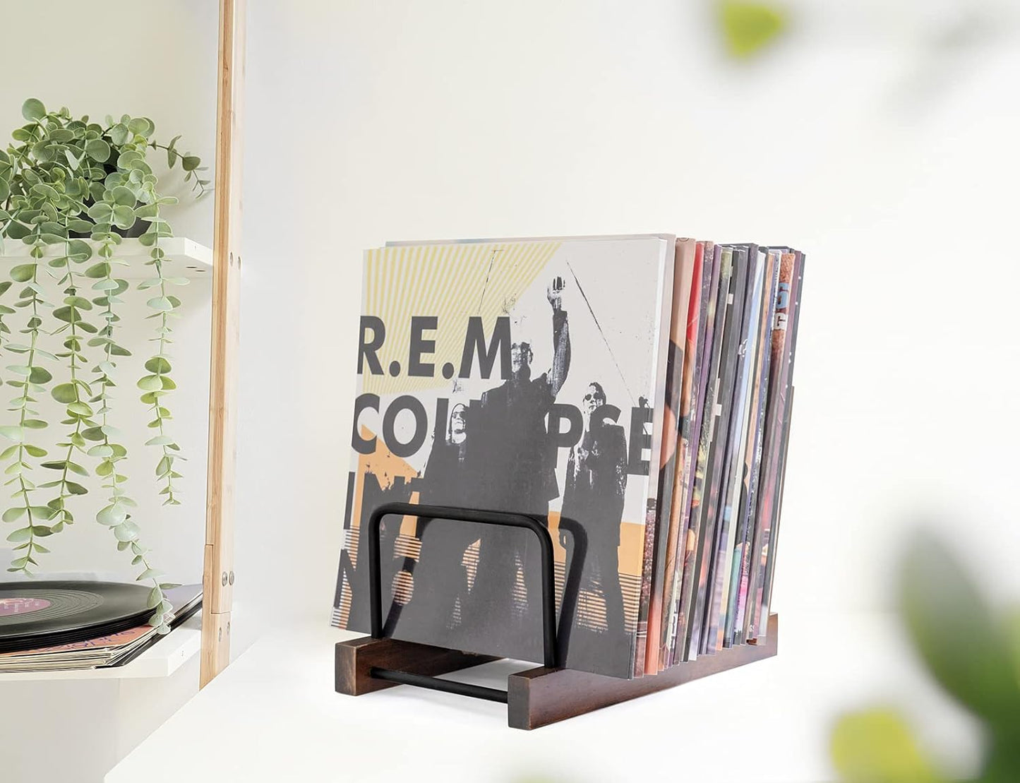 Vinyl Record Storage Holder Modern Album Display Solid Wood Stand with Black Metal Rack Farmhouse Home Decor Organizer for Vinyl Record, Holds up to 30 Albums, 11.8''L X 7''W X 8.7''H, Brown