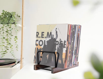 Vinyl Record Storage Holder Modern Album Display Solid Wood Stand with Black Metal Rack Farmhouse Home Decor Organizer for Vinyl Record, Holds up to 30 Albums, 11.8''L X 7''W X 8.7''H, Brown