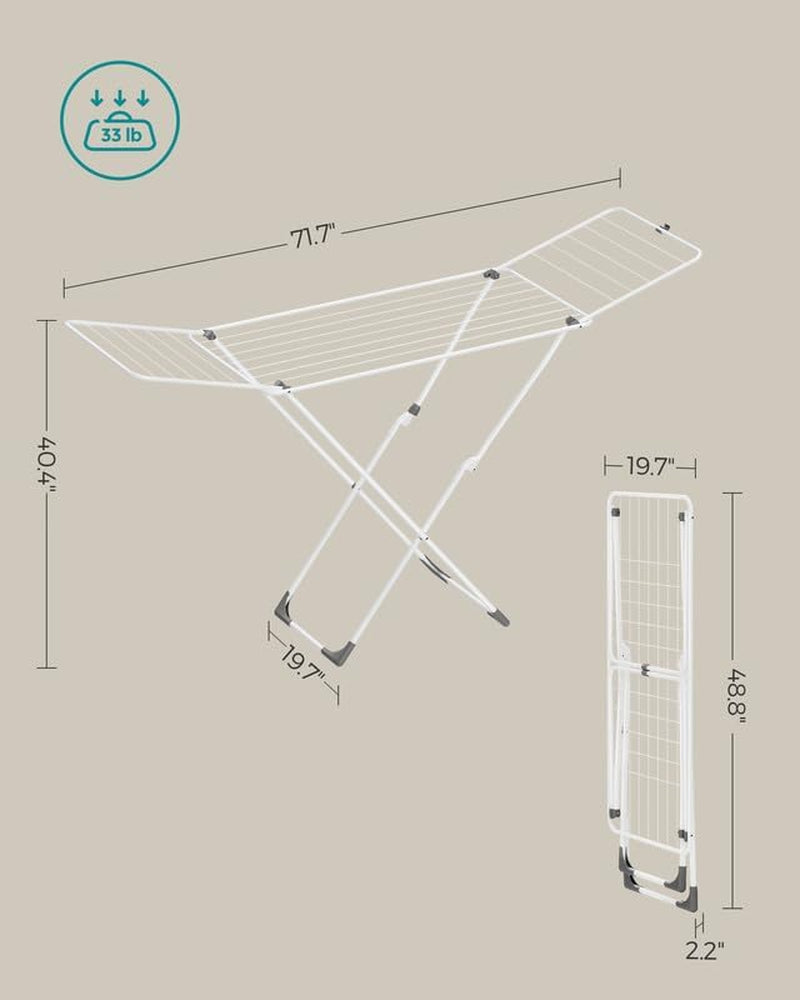 Clothes Drying Rack, Metal Laundry Drying Rack, Foldable, Space-Saving, Free-Standing Airer, with 2 Gullwings, Indoor Outdoor Use, Bed Linen Clothing, White ULLR540W01