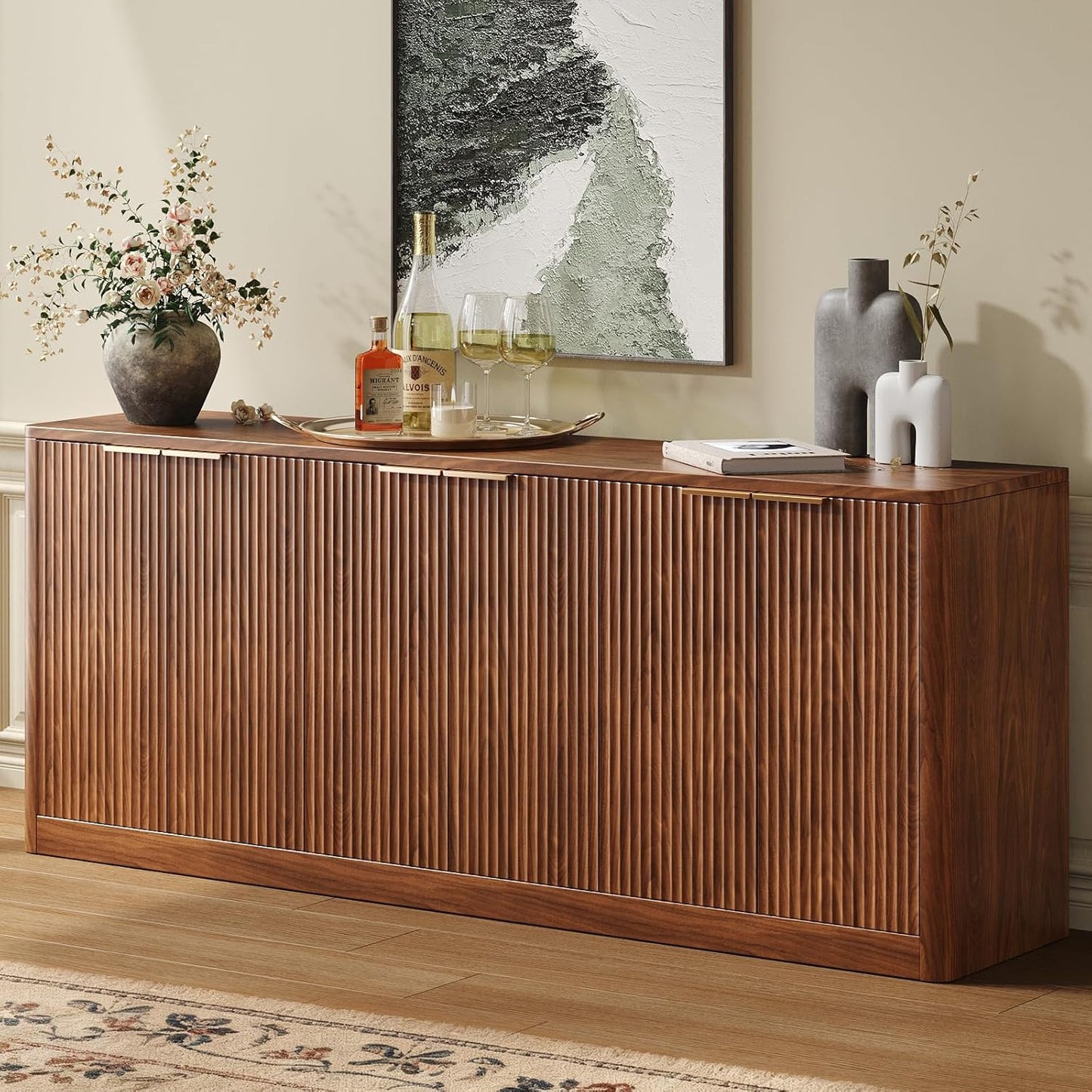 67" Fluted Walnut Buffet Cabinet Sideboard with Storage, Large Credenza with 6 Doors, Wood Mid Century Modern Sideboard for Kitchen and Living Room (67" W*31.5" H*15.7" D)