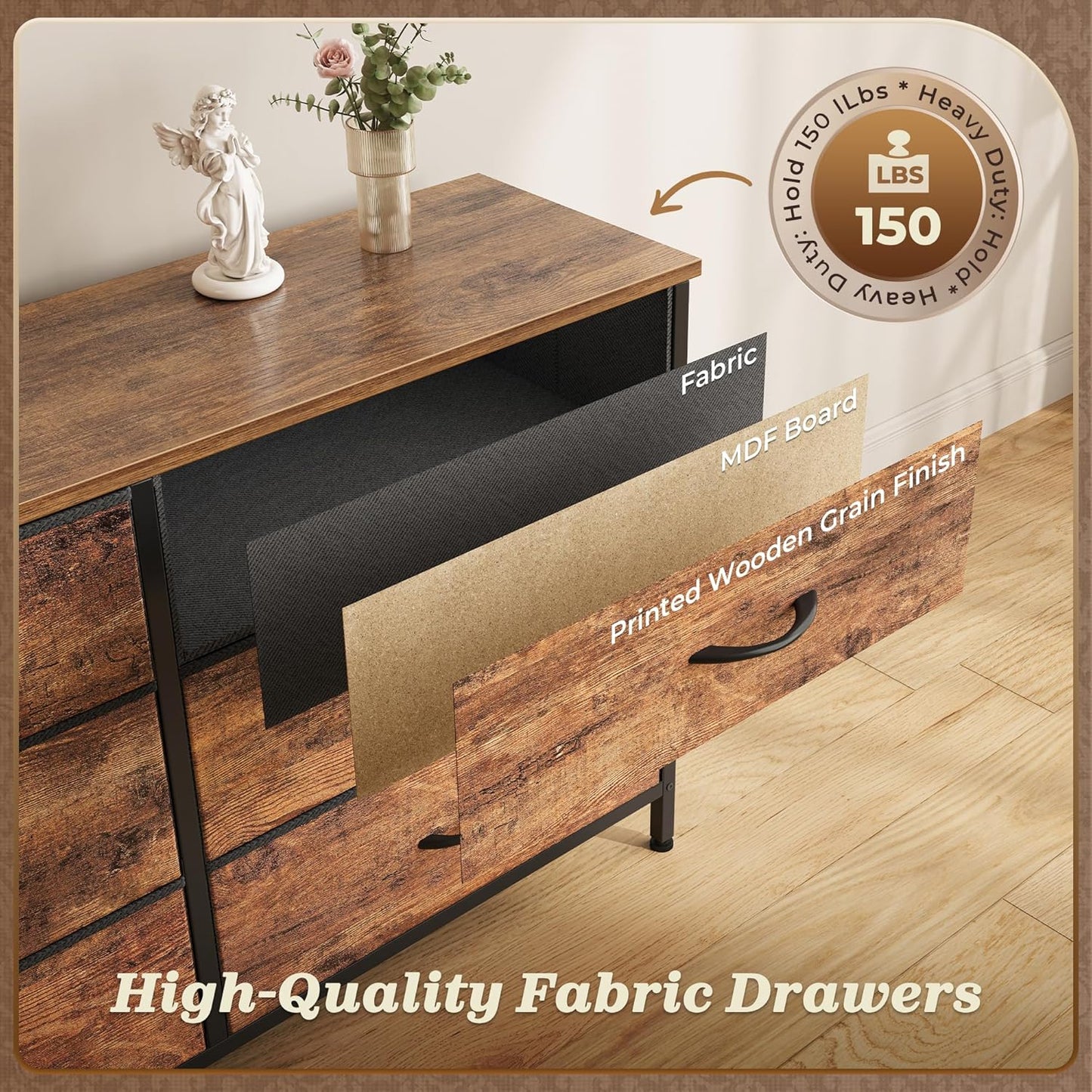 70 Inch Dresser for Bedroom, TV Stand for 65, 75, 80 Inch TV, 13 Fabric Drawer Long Dresser, Large Entertainment Center for Bedroom, Wide Chest of Drawer with Storage, Rustic Brown