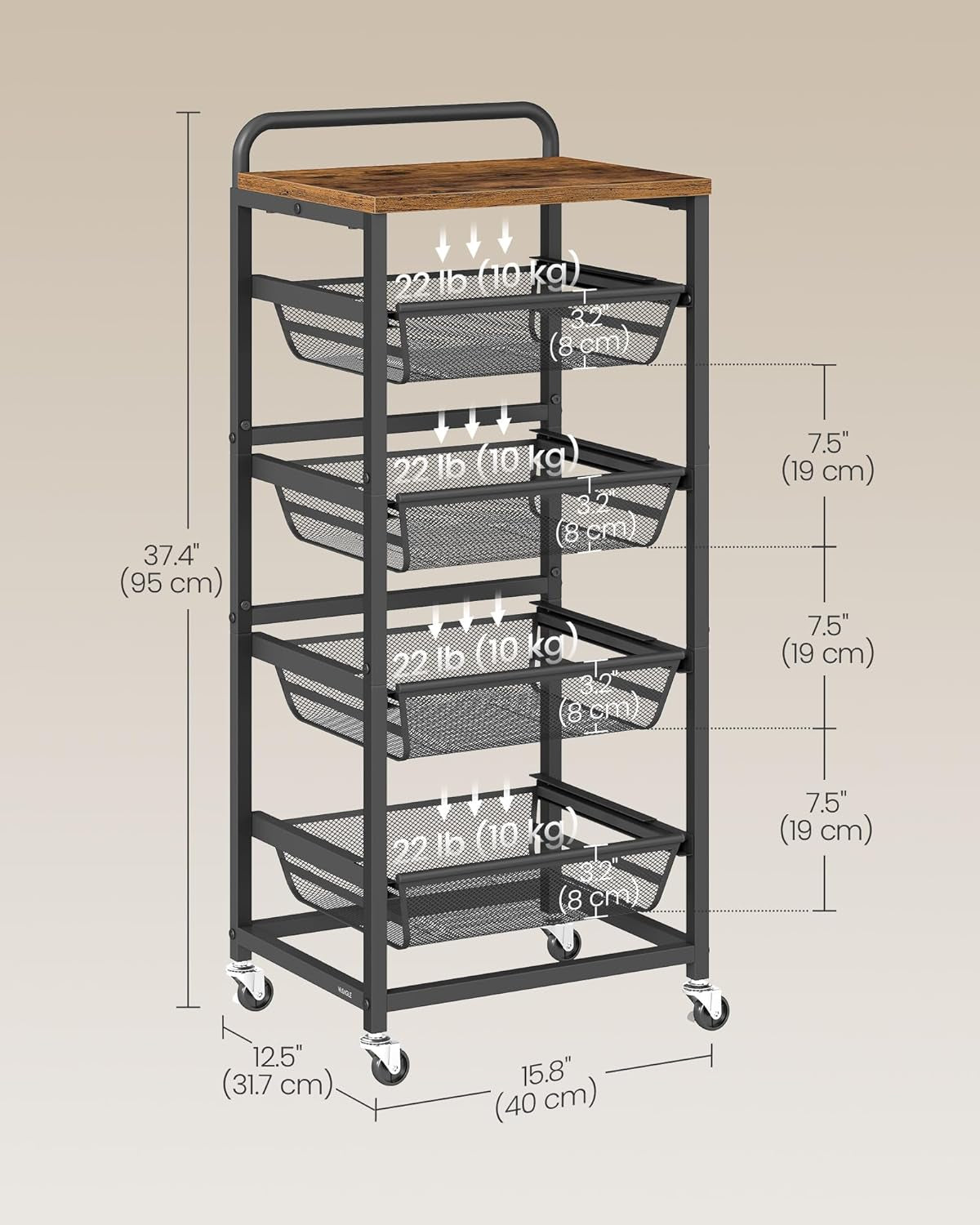 Storage Cart with Pull-Out Baskets, 5-Tier Kitchen Cart with Wheels, Handle, 12.5 X 15.8 X 37.4 Inches, Rustic Brown and Ink Black ULRC041K01