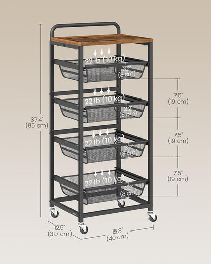 Storage Cart with Pull-Out Baskets, 5-Tier Kitchen Cart with Wheels, Handle, 12.5 X 15.8 X 37.4 Inches, Rustic Brown and Ink Black ULRC041K01