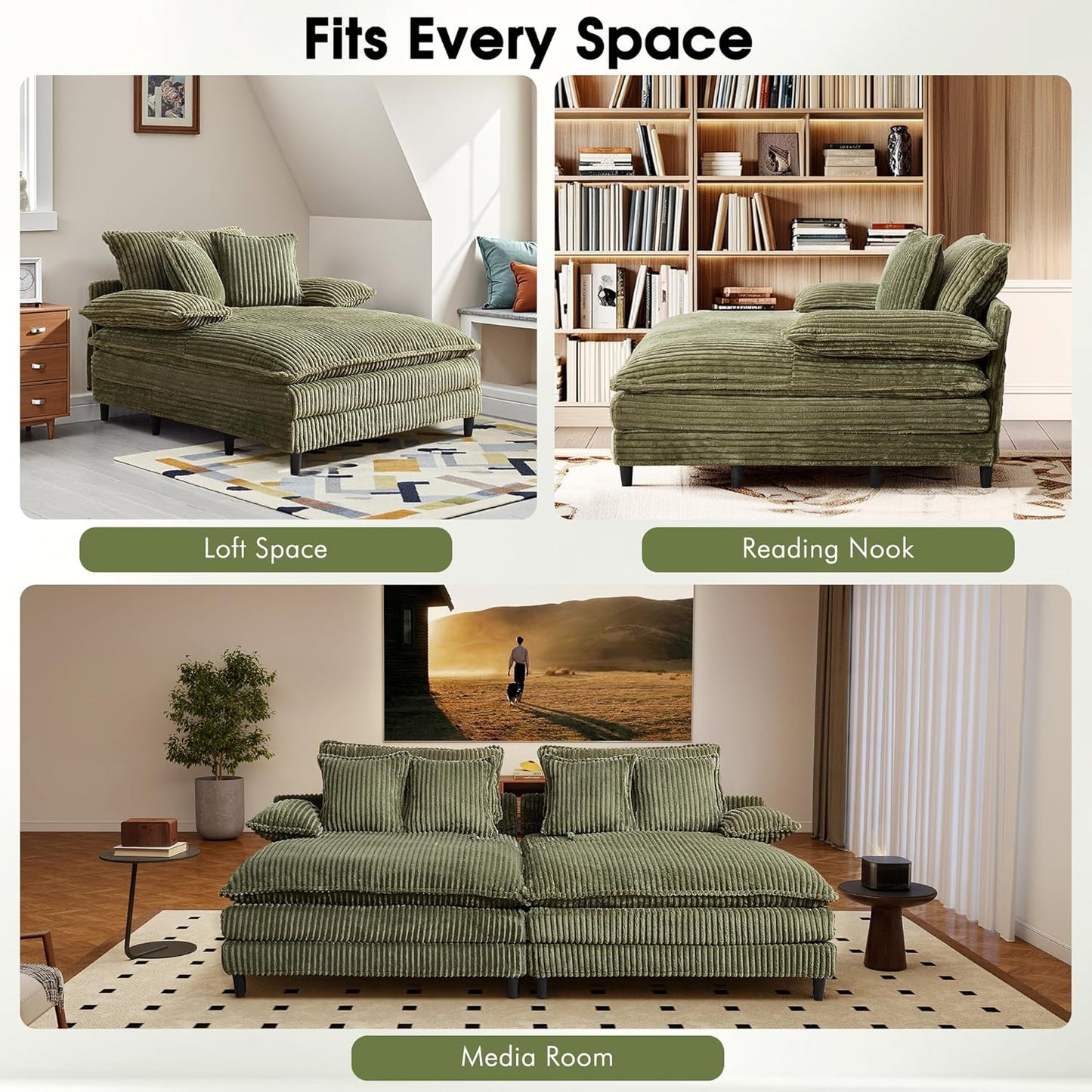 54.8" W Oversized Chaise Lounge Chair Indoor with 5-Position Adjustable Backrest, Corduroy Sleeper Sofa Bed with 3 Pillows, Modern Cloud Couch Chair for Living Room, Bedroom, Green
