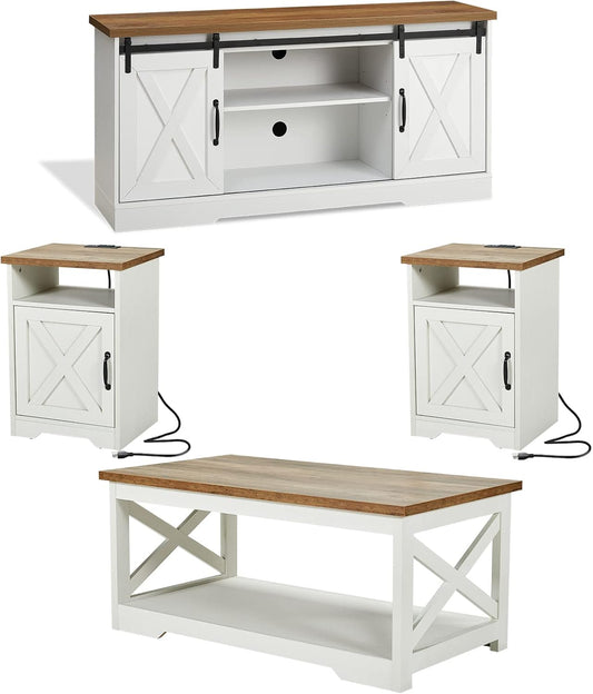 4-Piece Farmhouse Table Set Includes Sliding Barn Door TV Stand, Coffee Table& Two End Tables, Side Table with Charging Station and USB Ports, for Living Room, Distressed White, 66"