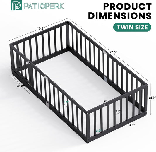 Twin Size Floor Bed for Kids Wooden Toddler Floor Bed Frame Safe Comfortable Baby Floor Bed for Children,Black,40.9"*77.5"(Mattress Not Included)