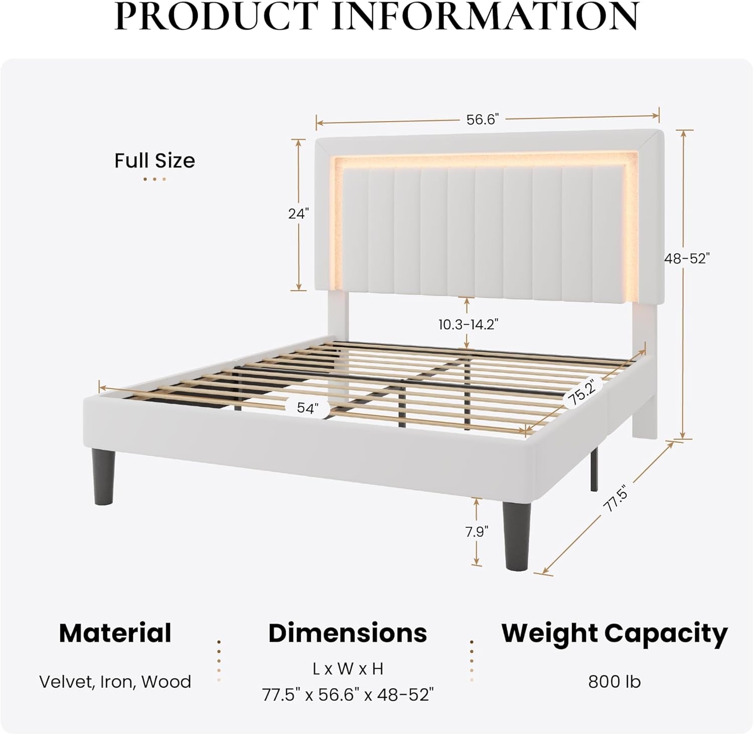 Full Size Velvet Bed Frame with LED Light, Adjustable Vertical Channel Tufted Headboard, Strong Wooden Slats Support, Noise-Free, No Box Spring Needed, White