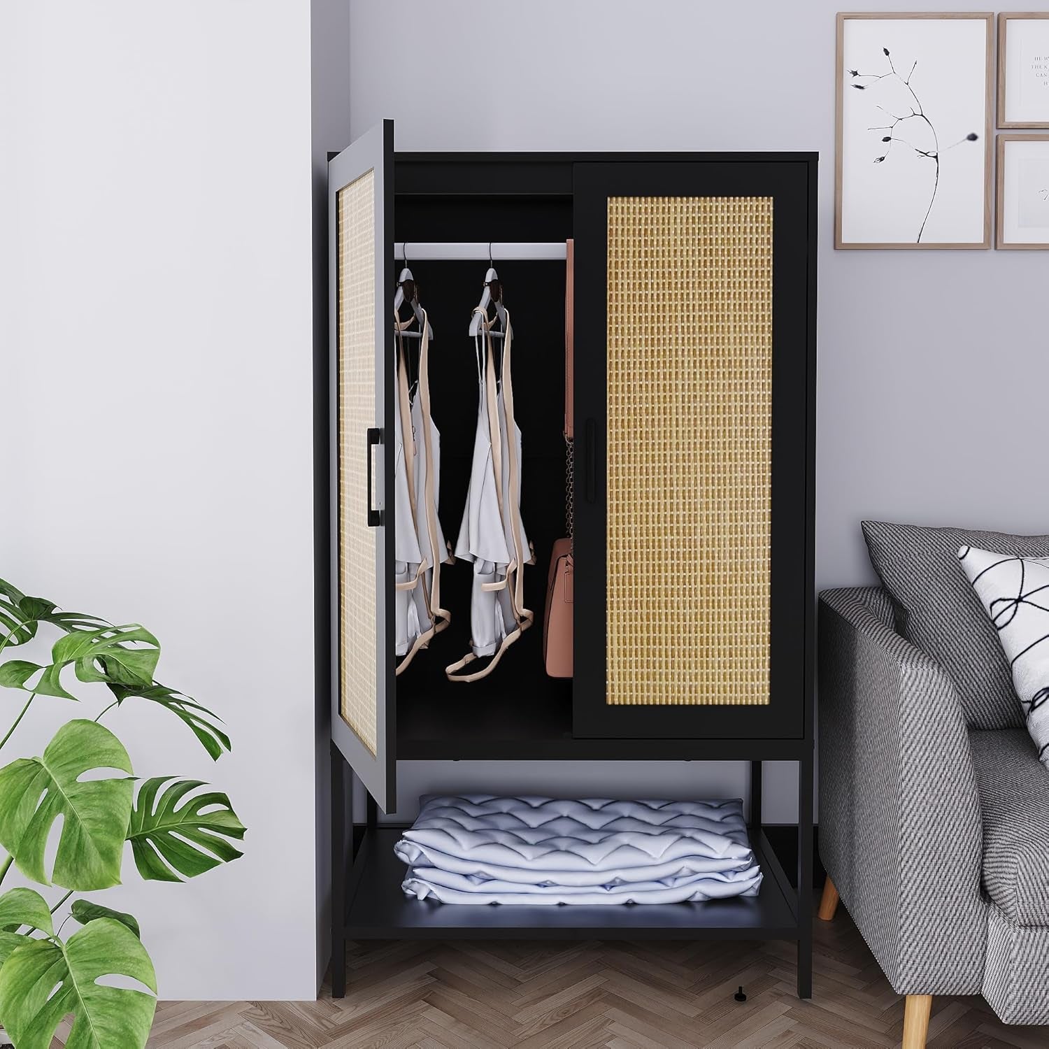 Wardrobe Closet,Rattan Bedroom Armoires with 2 Doors,Wooden Wardrobe Cabinet with Shelves and Hanging Rod for Clothes,Black