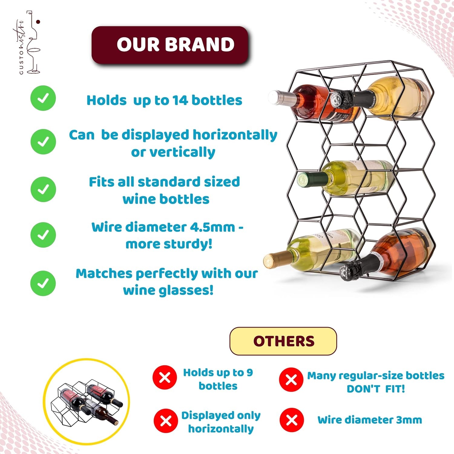 Countertop Wine Rack - 14 Bottle Freestanding Modern Black Metal Small - 3 Tier Tabletop Wine Holder Stand for Cabinet, Pantry - Wine Racks Countertop - No Assembly Required