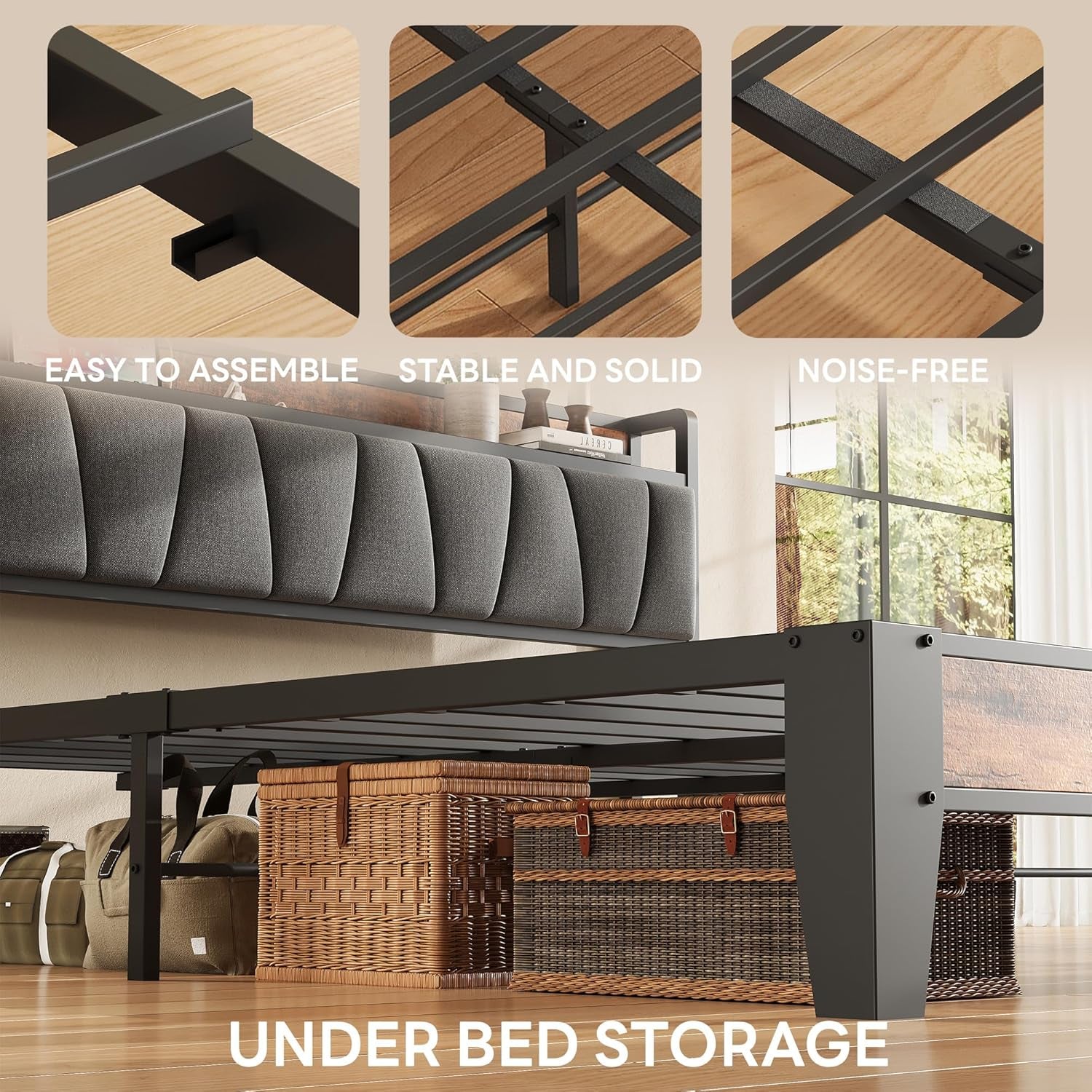 King Size Bed Frame, Storage Headboard with Charging Station, Solid and Stable, Noise Free, No Box Spring Needed, Easy Assembly