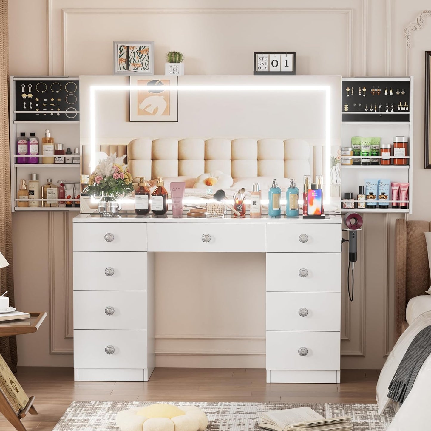 Makeup Vanity Desk with Large Mirror and Lights,White Vanity Table with Glass Top,9 Drawers,3 Color Modes,Sliding 2 Wall Mounted Jewelry Storage Racks,Suitable for Bedroom Ladies and Girls