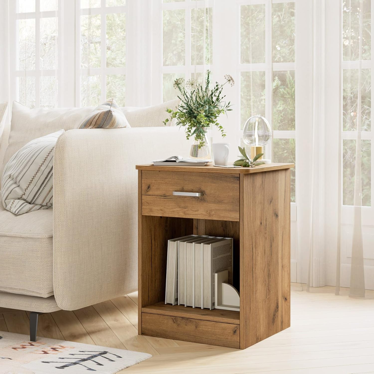 Nightstand Set of 2, 2-Tier Side Table with Drawer and Storage Shelf, Bedside Table End Table, Modern Night Stand for Bedroom, Home Office,Wooden Grain