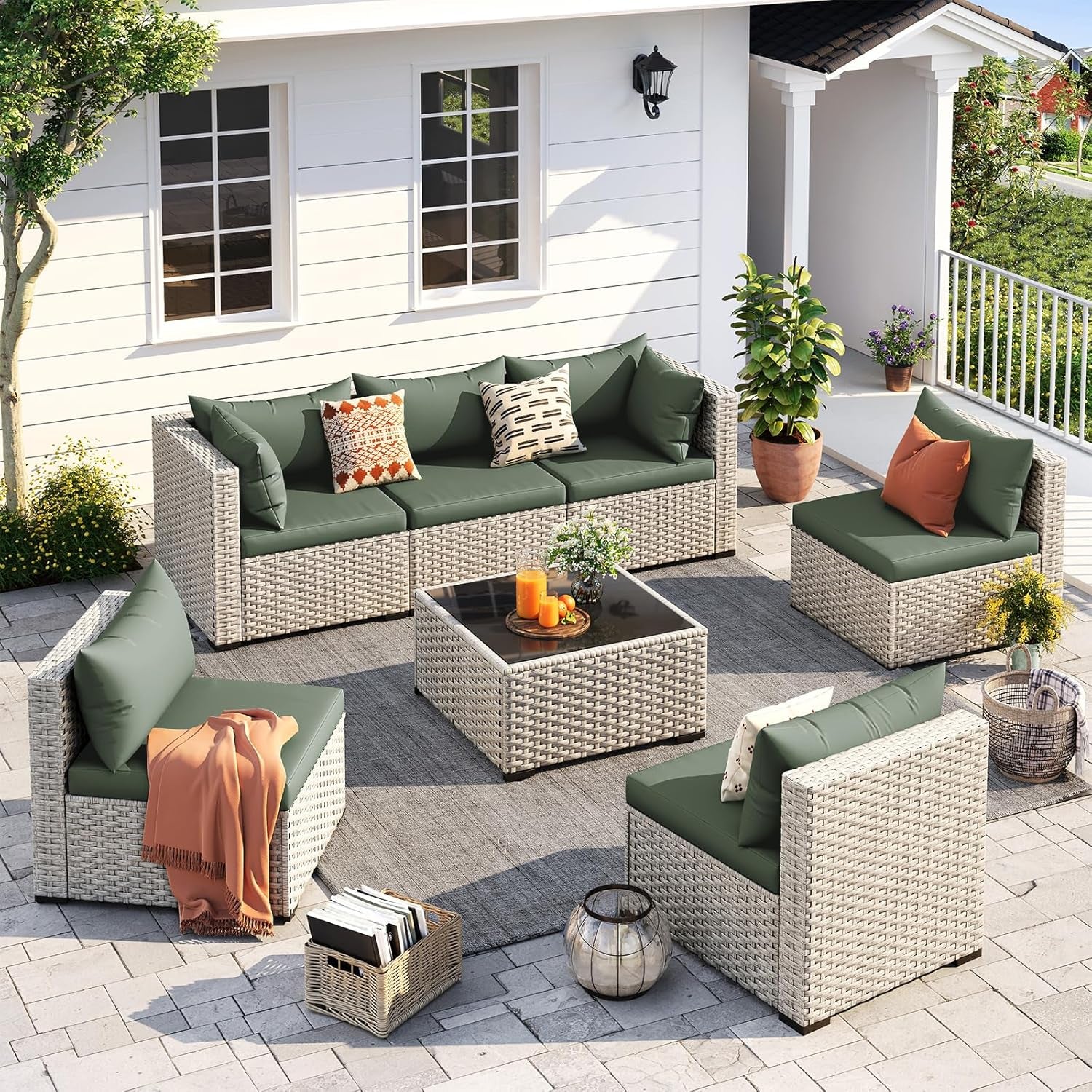 Outdoor Patio Furniture Set, 7-Piece PE Wicker Sectional Sofa with Tea Table, Outdoor Conversation Set for Patio, Garden, Backyard Green