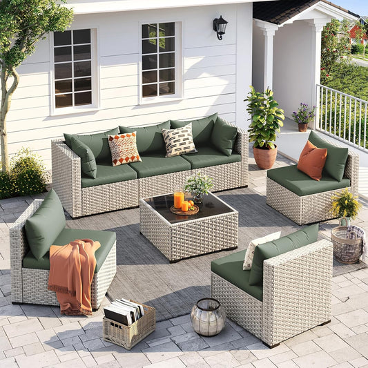 Outdoor Patio Furniture Set, 7-Piece PE Wicker Sectional Sofa with Tea Table, Outdoor Conversation Set for Patio, Garden, Backyard Green