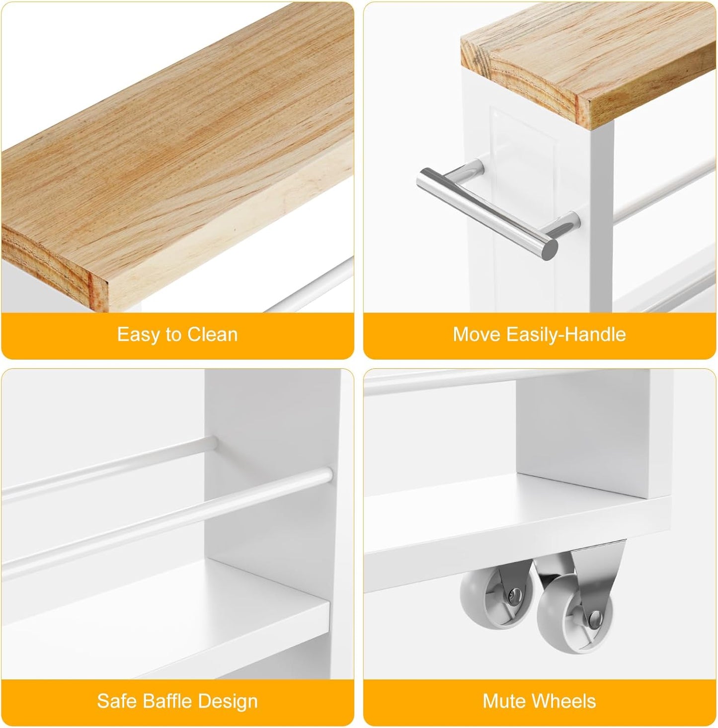 4 Tier White Slim Storage Cart with Handle, Slide Out Storage Rolling Utility Cart for Kitchen, Laundry, Narrow Places