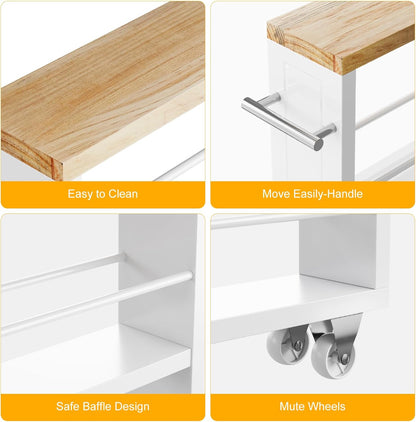 4 Tier White Slim Storage Cart with Handle, Slide Out Storage Rolling Utility Cart for Kitchen, Laundry, Narrow Places