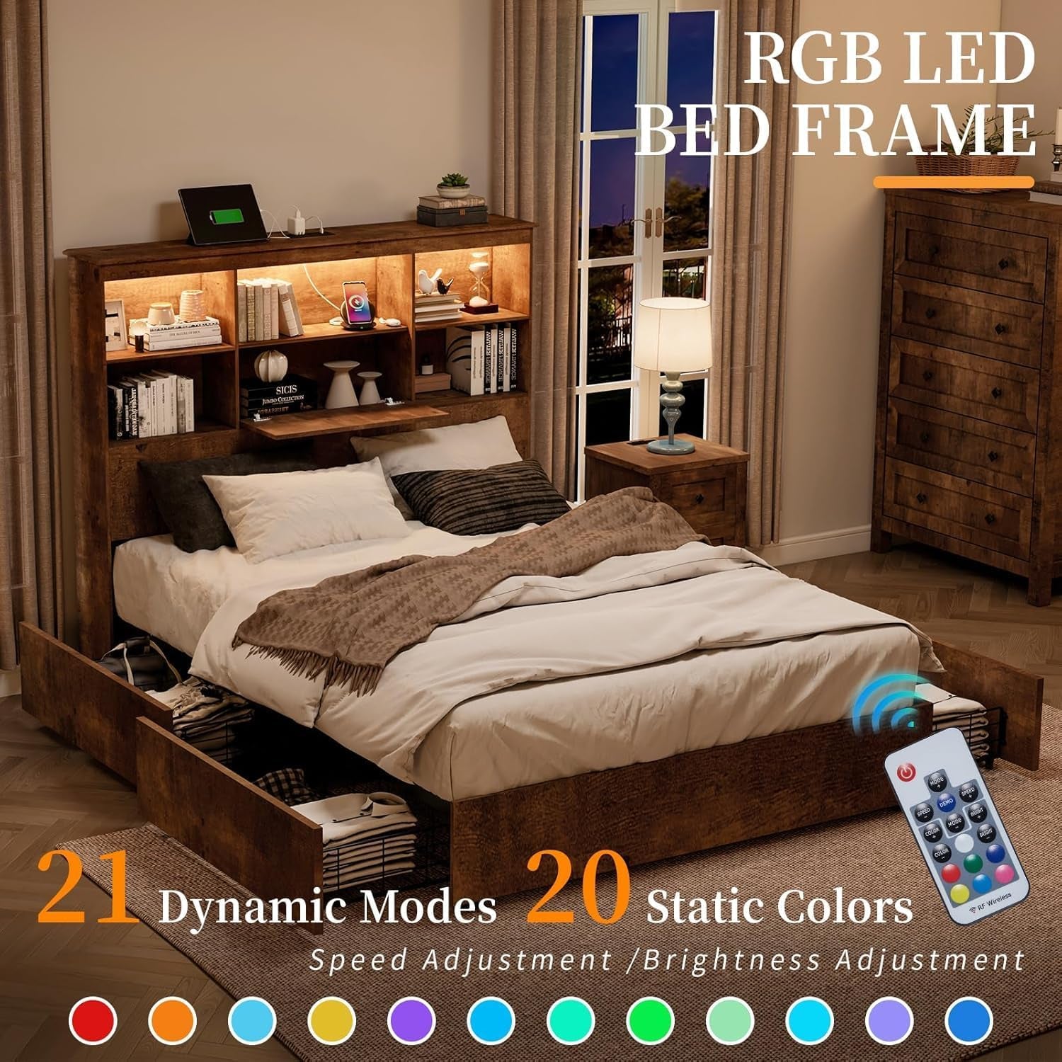 5-Piece Bedroom Set, 1 X Queen Size Bed Frame, 1 X 5 Drawer Dresser, 1 X 6 Drawer Storage Dresser, Nightstand Set of 2 with Charging Station, Farmhouse Bedroom Furniture, Rustic Brown
