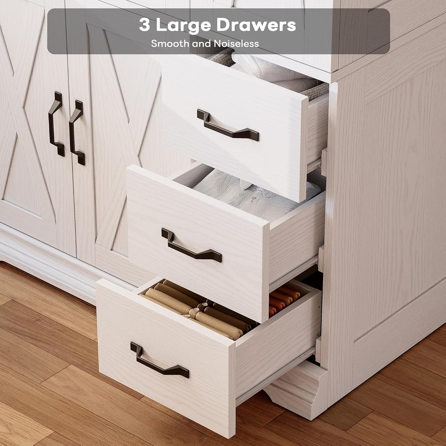 Wardrobe Closet with 5 Cabinet Doors and 3 Drawers, Large-Capacity Deep Armoire for Bedroom with 3 Side Hooks, Hanging Rod and anti - Tip Kit, White