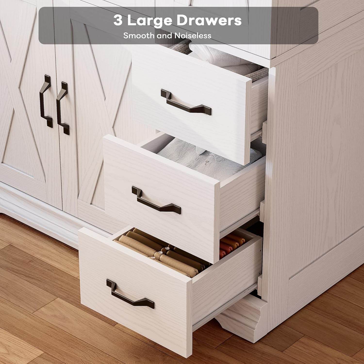 Wardrobe Closet with 5 Cabinet Doors and 3 Drawers, Large-Capacity Deep Armoire for Bedroom with 3 Side Hooks, Hanging Rod and anti - Tip Kit, White