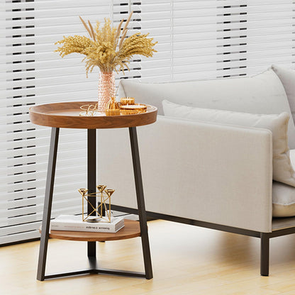 round End Table with Storage Shelf, 2 Tier Farmhouse Side Table Nightstand for Living Room, Bedroom, Wood Tabletop & Black Metal Frame, Brown 15.7 * 15.7 * 23.0Inches