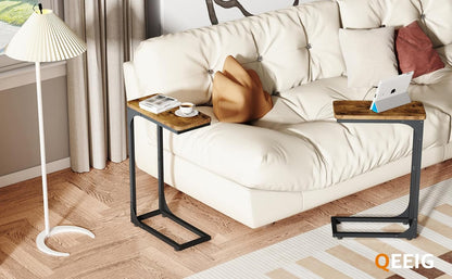Narrow C Shaped Side Table Set of 2 Living Room Sets Slim Couch Tray Tables Skinny Thin Small Farmhouse 7 Inch Width, Rustic Brown (017-18BN)
