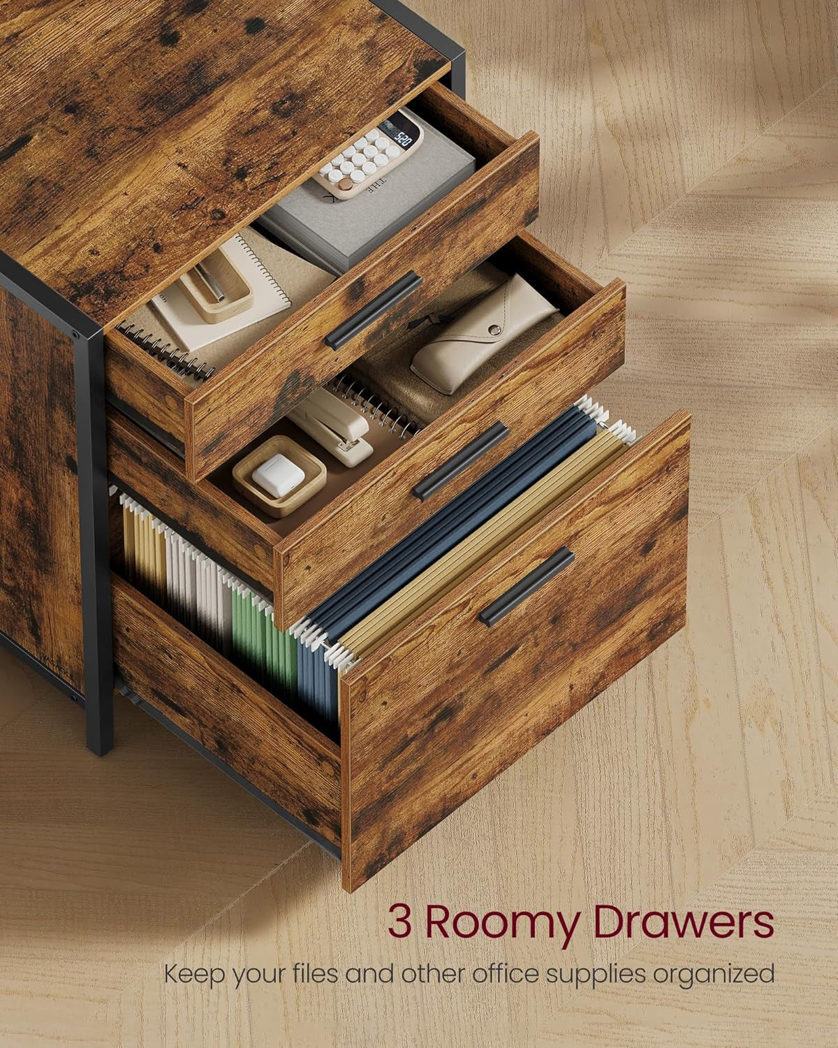 Lateral File Cabinet, Home Office Printer Stand, 2-Drawer Filing Cabinet, with Anti-Tip Interlocking Mechanism, for A4, Letter-Size, Legal-Size Hanging Files, Rustic Brown and Ink Black