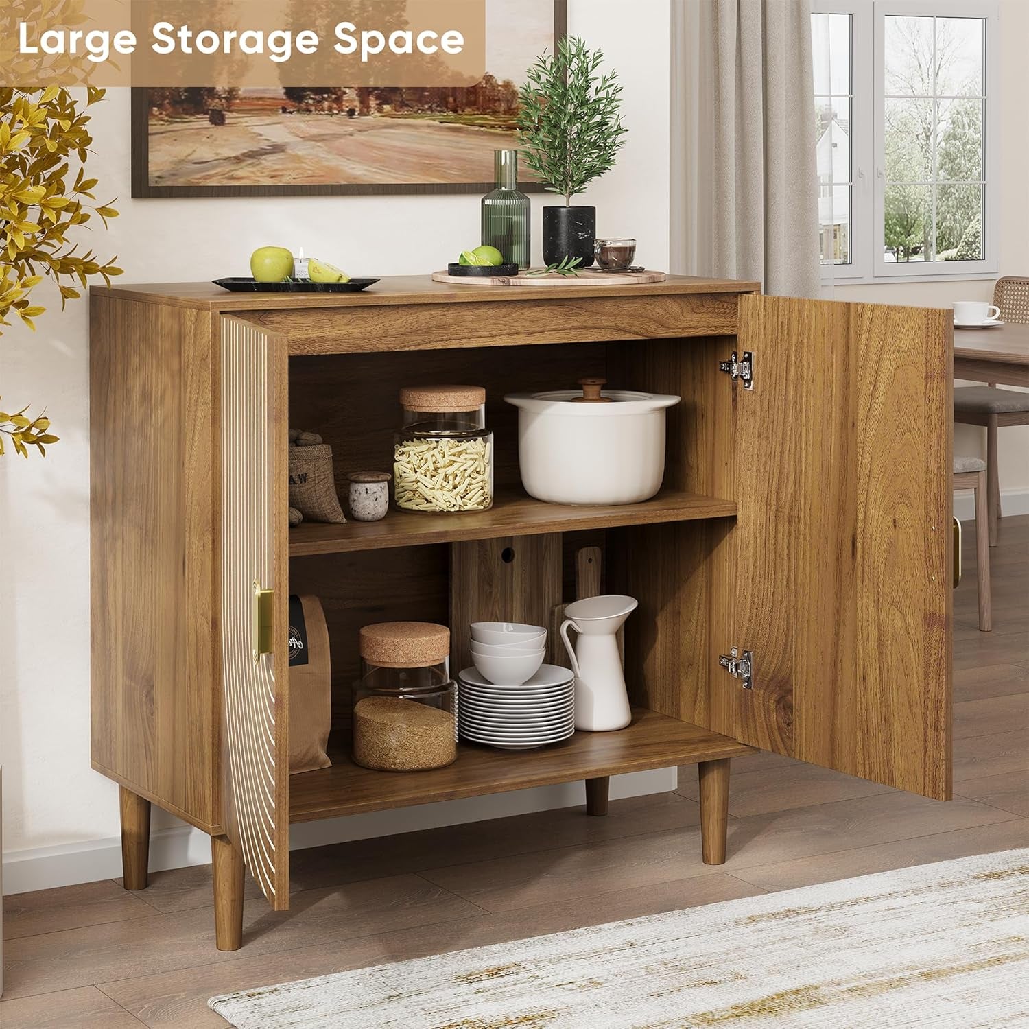 Walnut Sideboard Cabinet, Freestanding Buffet Cabinet with Line Groove Design, Wood Storage Cabinet with Adjustable Shelf for Living Room, Entryway, Hallway