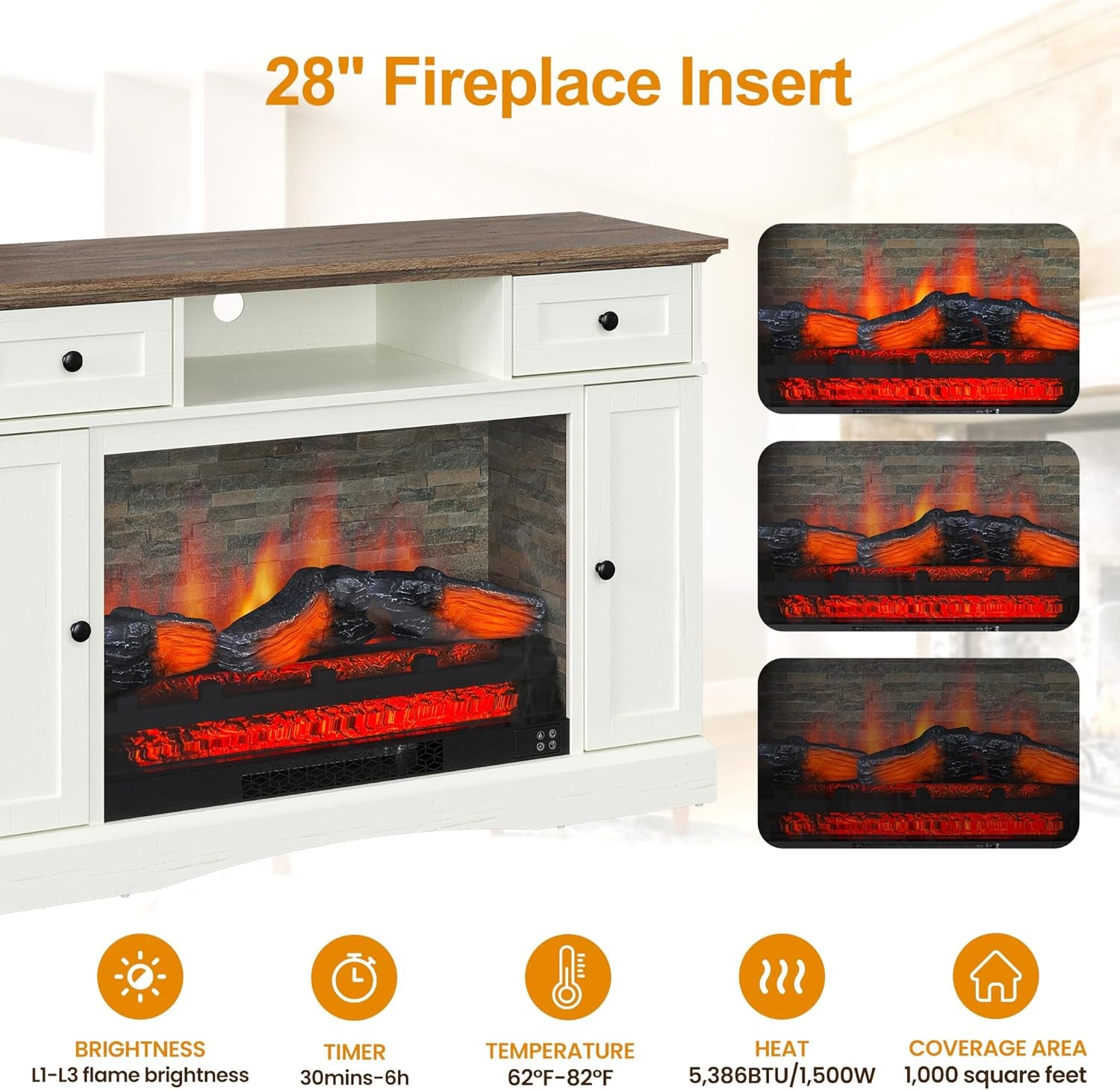 Fireplace TV Stands with for Tvs up to 55'', Media Console Table with Adjustable Shelves, Double-Door Design, Entertainment Center for Living Room, White and Rustic Oak