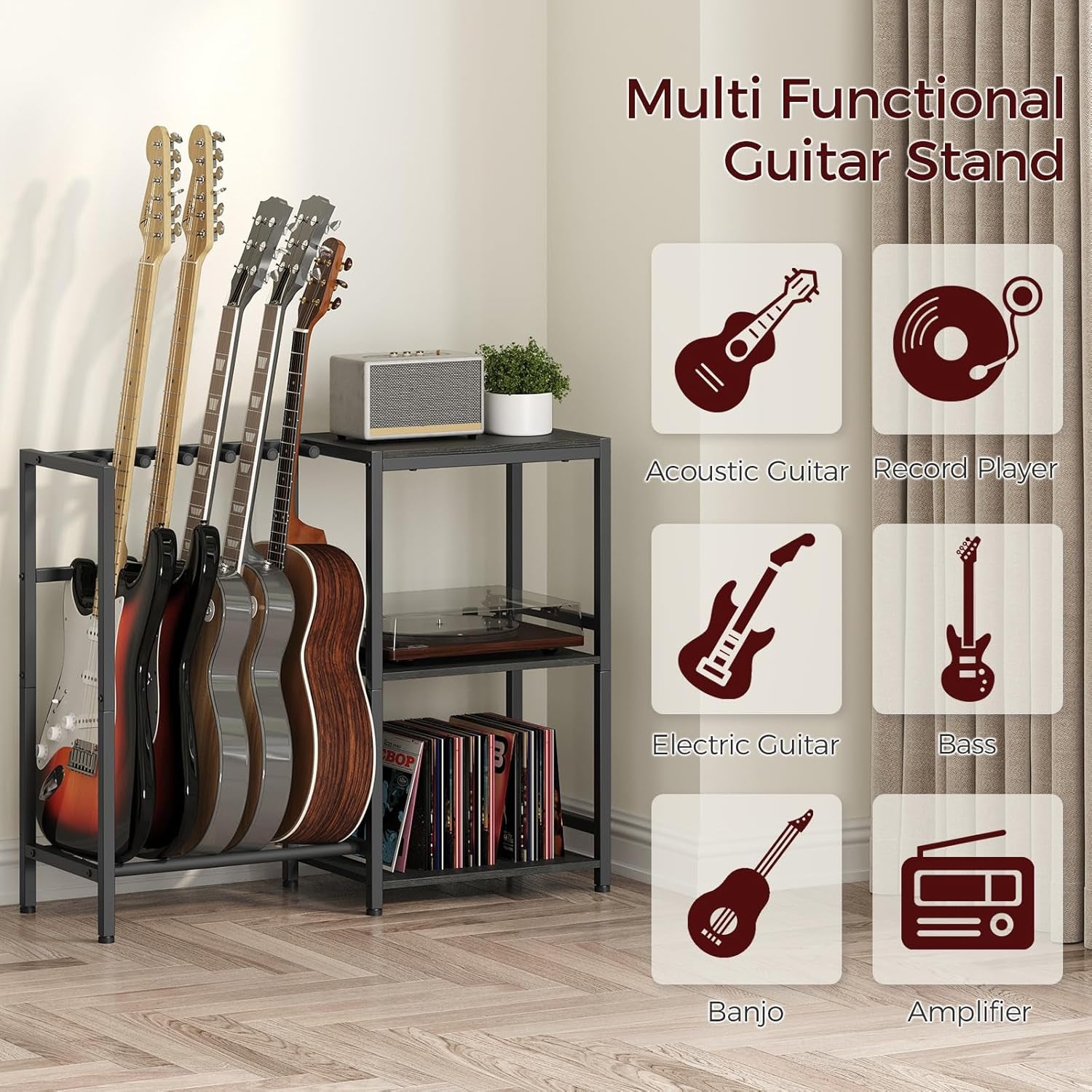 Guitar Stand, Guitar Holder for 4-5 String Instruments, Suitable for Acoustic Guitar, Bass, Guitar Rack with Side Shelves for Record Player, with Non-Slip Rubber Pads, Black GSBK9501