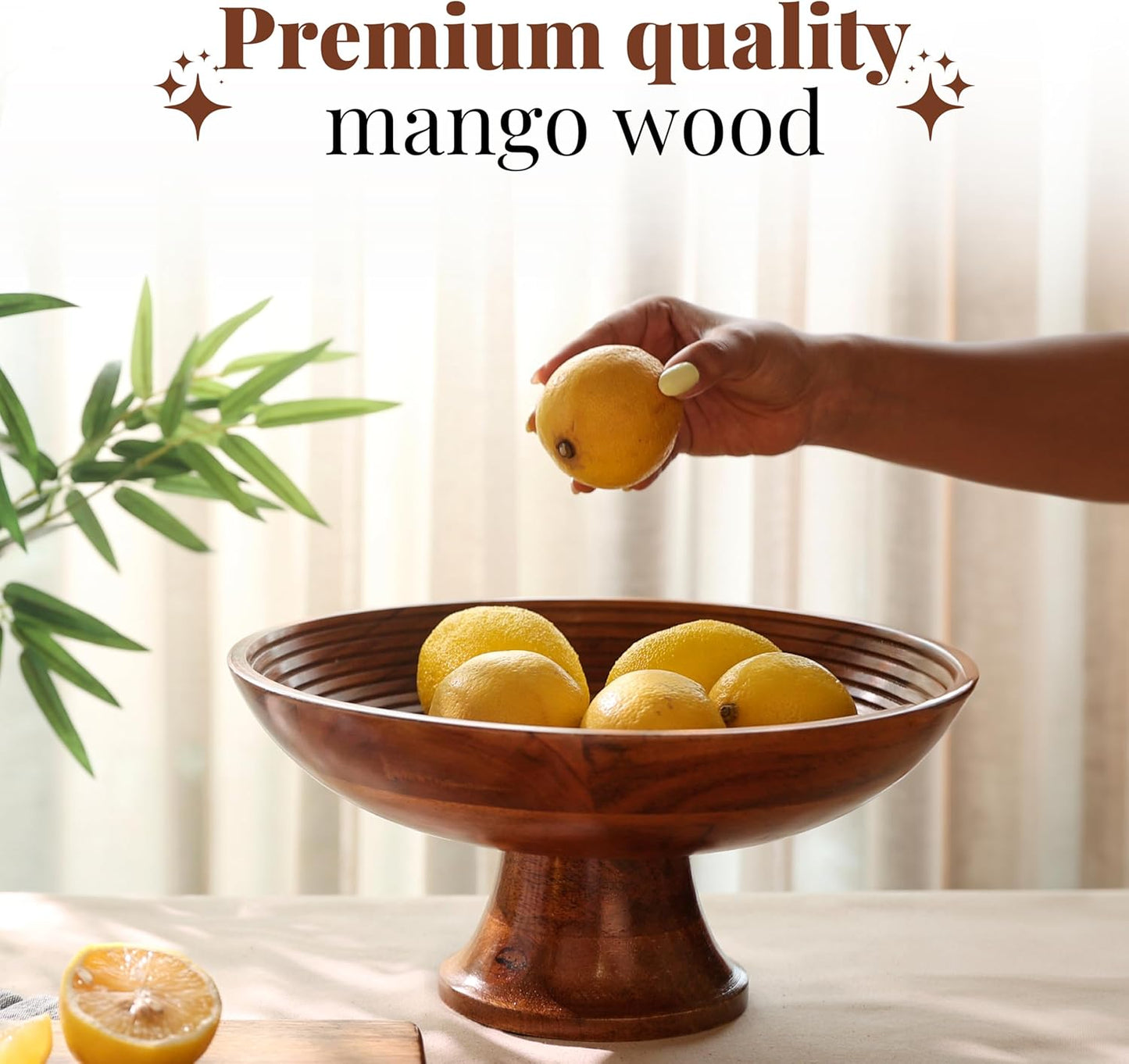 Wooden Fruit Bowl for Kitchen Counter | 12" Large Premium Eco Friendly Banana Fruit Basket for Kitchen | Acacia Wood Bowl with Holder, Pedestal for Table Decor, Centerpiece for Dining Table