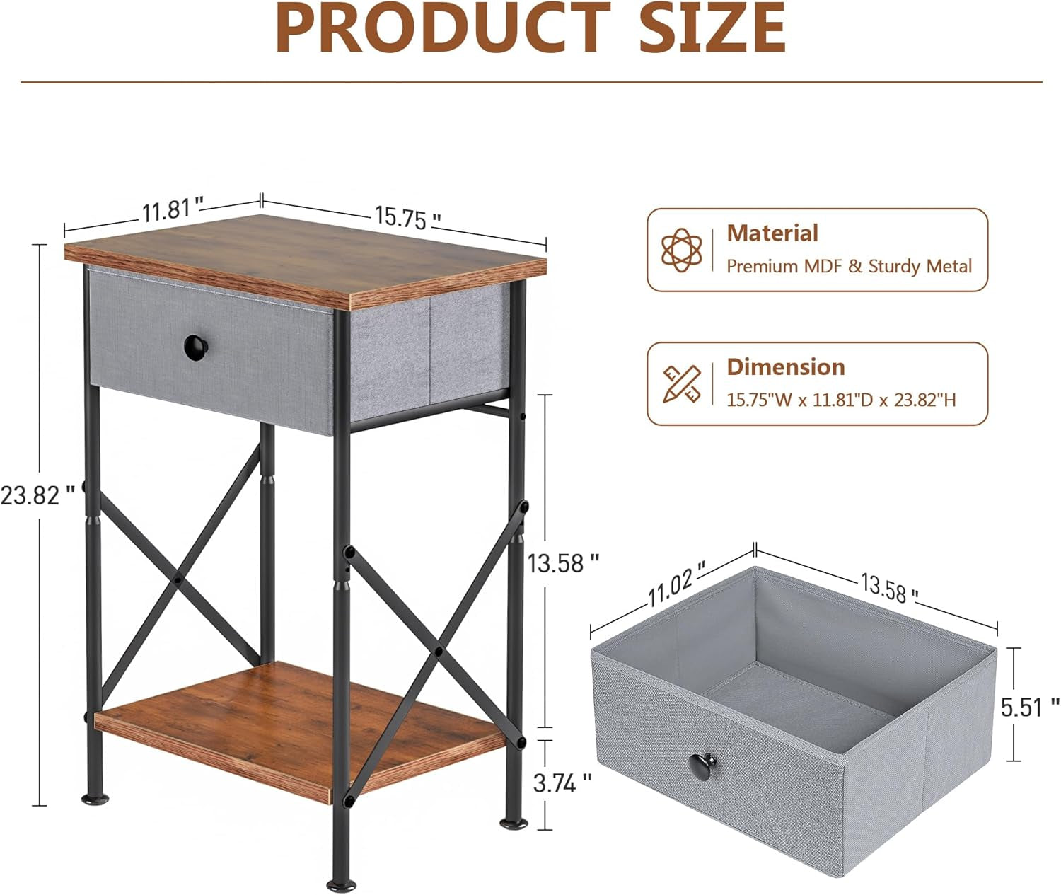 Nightstand with Drawer, Small Bedside Table with Storage and Adjustable Metal Legs, Wood End Table for Bedroom or Living Room, Perfect for Small Spaces and Modern Farmhouse Décor, Retro Brown