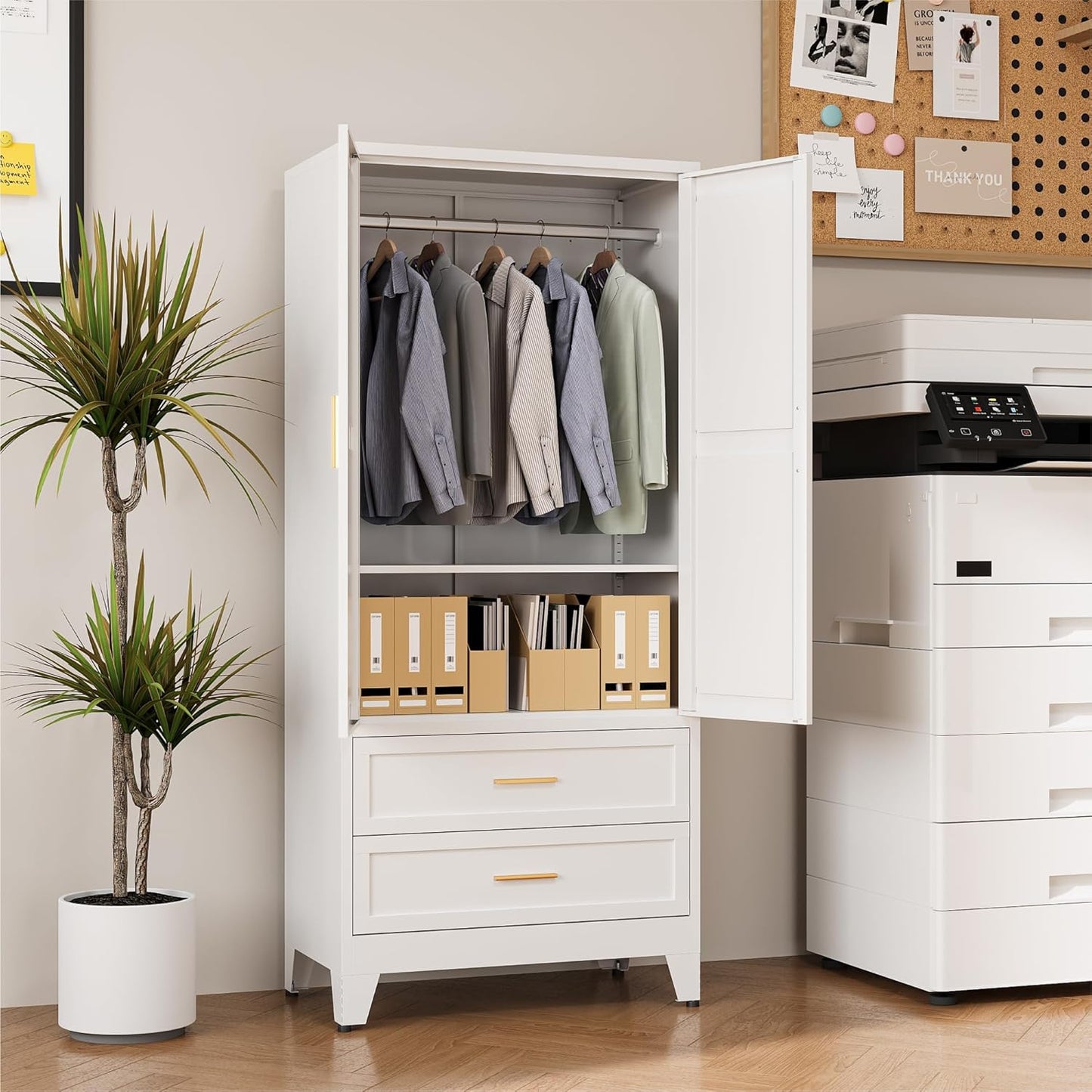 71" Metal Wardrobe Closet with 2 Drawers & Hanging Rod, Freestanding Armoire Storage Cabinet with Adjustable Shelf and 2 Doors, White Steel Closet Organizer for Bedroom